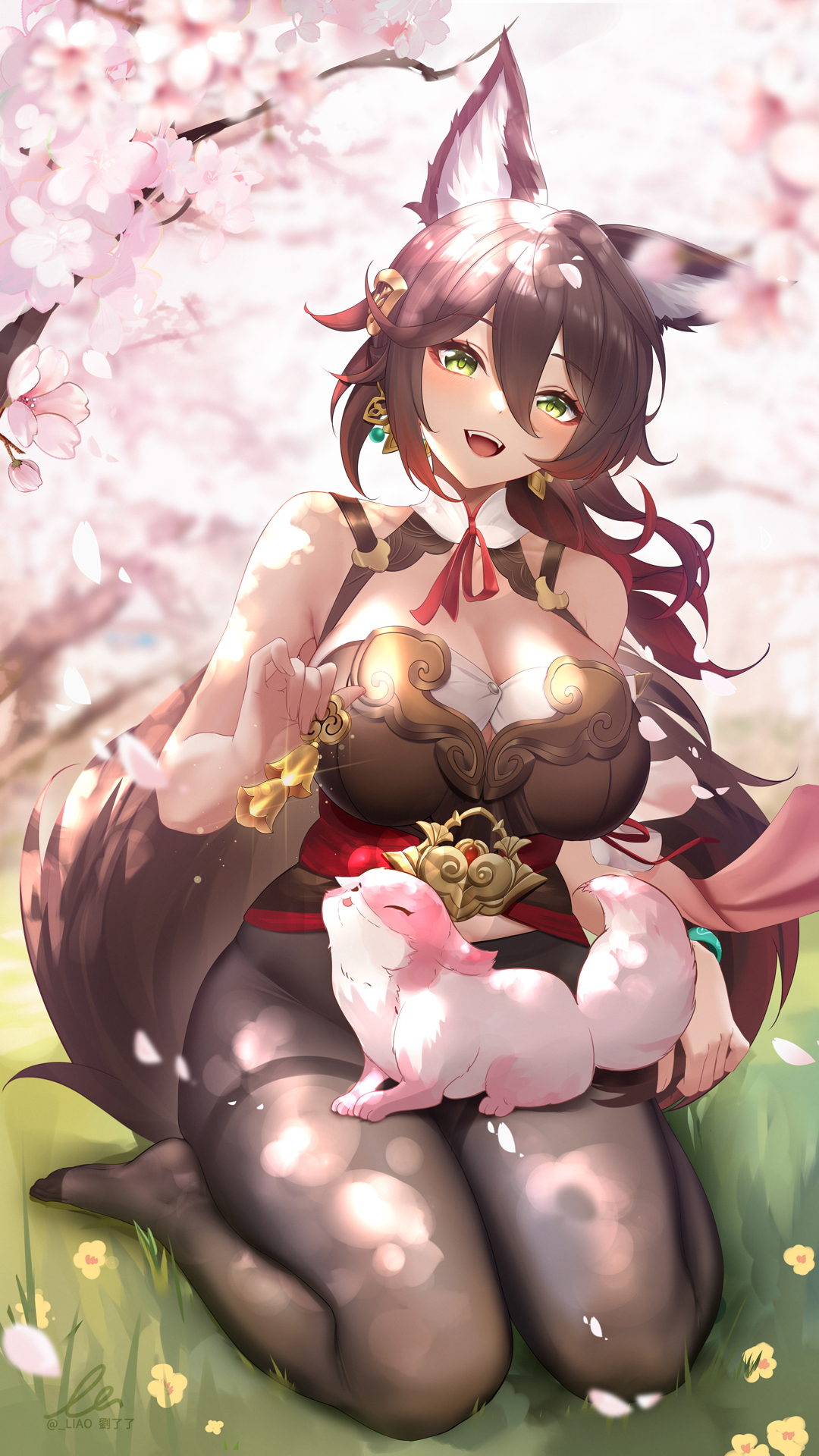 1girls, animal ears, big breasts, breasts, brown hair, female, female only, fox ears, fox girl, fox tail, green eyes, honkai: star rail, large breasts, liu liaoliao, looking at viewer, outdoors, outside, pantyhose, solo, solo female, tail, thick, thick thighs, tingyun (honkai: star rail), voluptuous
