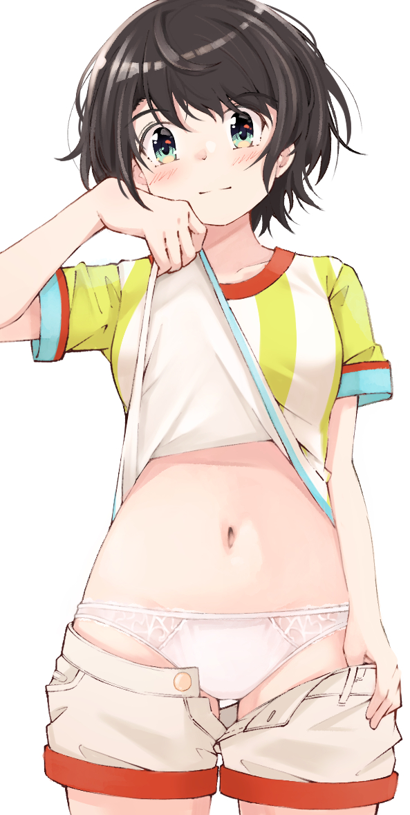 aqua_eyes black_hair blush breasts closed_mouth clothes_lift clothes_pull commentary_request female green_shirt hololive hololive_gen_2 hololive_japan k-go lifted_by_self light_smile looking_at_viewer medium_breasts navel oozora_subaru oozora_subaru_(1st_costume) panties pulled_by_self shirt shirt_lift short_hair short_sleeves shorts shorts_pull simple_background solo split_mouth striped striped_shirt t-shirt two-tone_shirt underwear vertical-striped_shirt vertical_stripes virtual_youtuber white_background white_panties white_shirt white_shorts