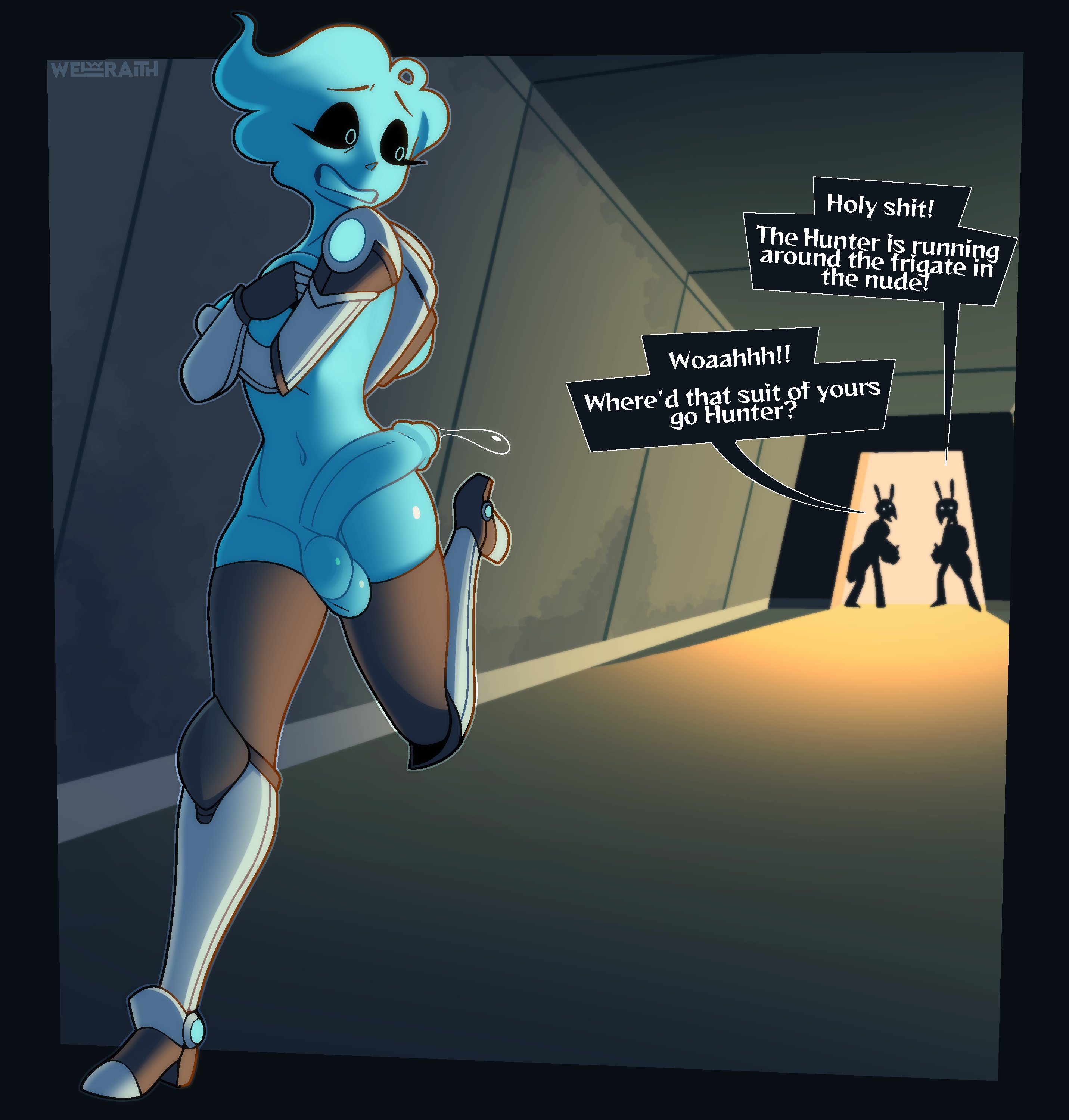 1futa, 2020s, 2023, absurd res, balls, big penis, black sclera, blue body, blue skin, breasts, cathy (inkplasm), covered nipples, covering, covering breasts, dialogue, embarrassed, embarrassed nude futa, enf, english text, erection, foreskin, futa focus, futanari, higher resolution duplicate, humanoid, humanoid penis, intersex, medium breasts, nude, original character, penis, smooth penis, smooth skin, solo focus, standing, text, uncircumcised, uncut, welwraith