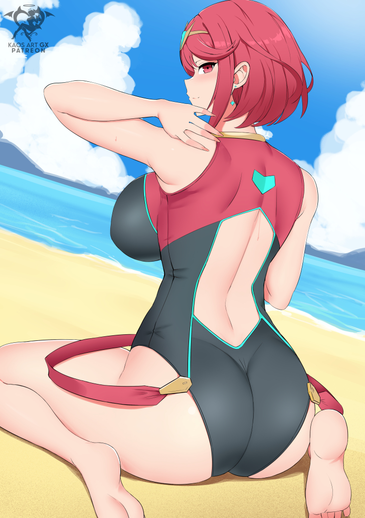 1girls, ass, bangs, beach, breasts, competition swimsuit, female, highleg swimsuit, huge breasts, kaos art, large ass, light skin, light-skinned female, nintendo, one-piece swimsuit, outdoors, pyra, red eyes, red hair, short hair, swept bangs, swimsuit, thick thighs, xenoblade (series), xenoblade chronicles 2
