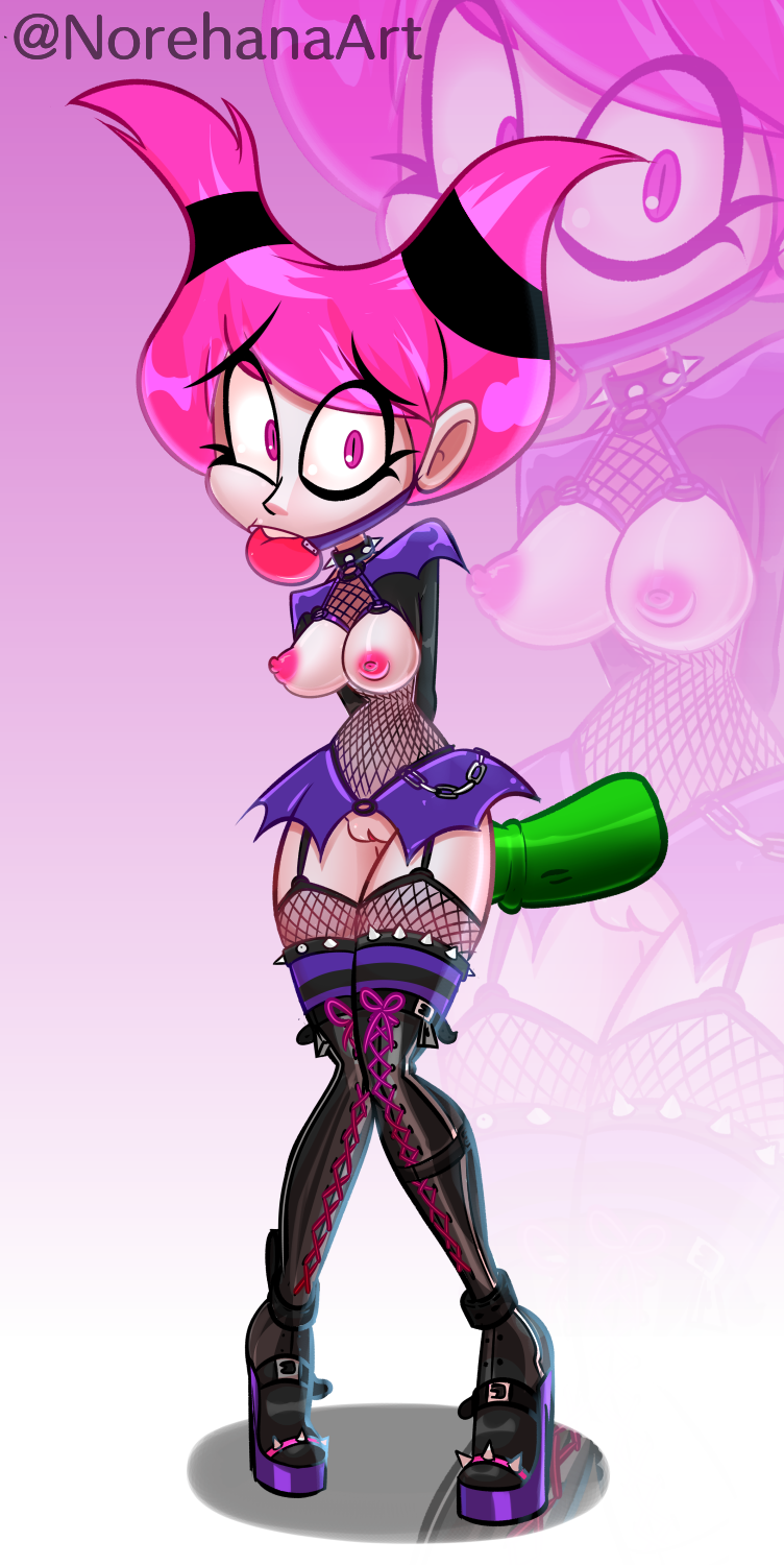 1girls, 2023, arms behind back, arms tied, ball gag, big breasts, bondage, breasts, cartoon network, dc, dc comics, dildo, dildo in ass, female, female focus, female only, fishnets, gagged, high heel boots, jinx (dc), nipples, norehana art, pink background, pink eyes, pink hair, pussy, stockings, teen titans, teen titans go, thighs, white body