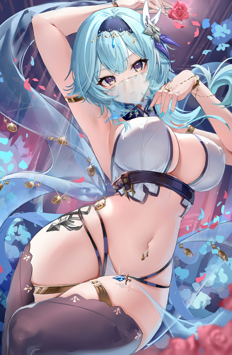 1girls arm_behind_head big_breasts blue_hair bracelet breasts cleavage curvy curvy_female eula_(genshin_impact) face_veil female genshin_impact hand_behind_head hourglass_figure huge_breasts jewelry large_breasts loki1998 looking_at_viewer midriff nipples nipples_visible_through_clothing skimpy skimpy_clothes solo solo_female tagme tagme_(artist) thong veil wide_hips