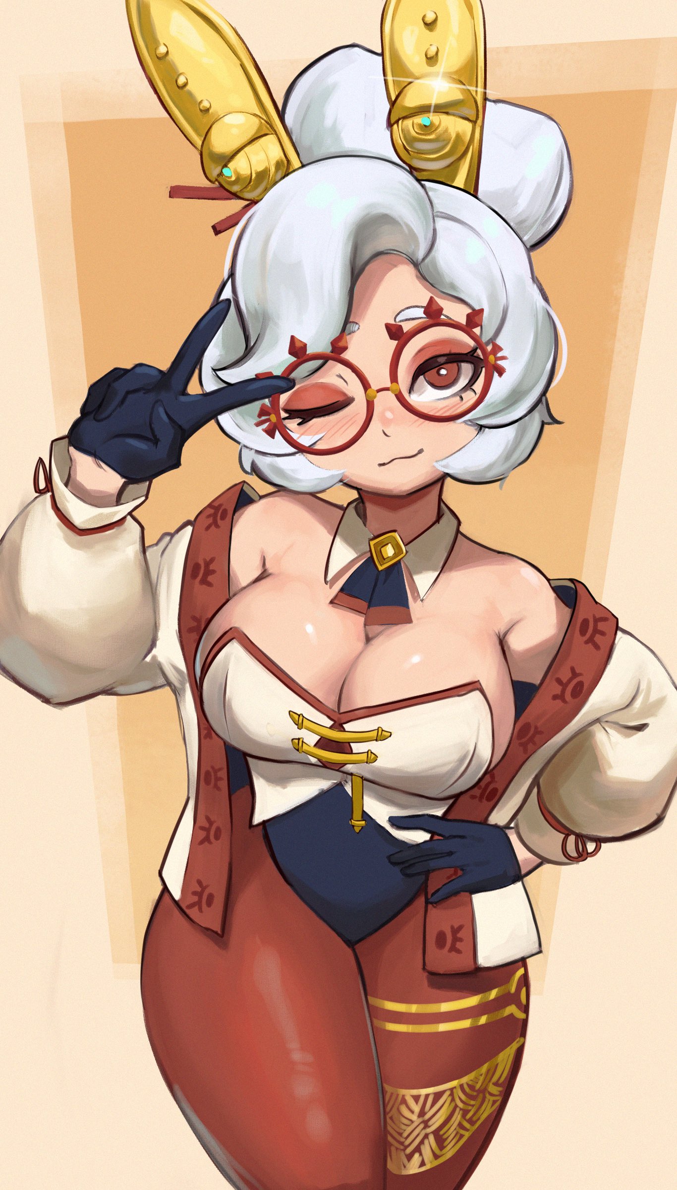 alternate breast size, breasts, eyeshadow, female, female only, hand on hip, looking at viewer, neutral background, nintendo, peace sign, purah, purah (tears of the kingdom), red eyes, red eyeshadow, red glasses, red leggings, red legwear, sagaandersart, short hair, solo, tagme, tears of the kingdom, the legend of zelda, thick thighs, white hair, wink, winking at viewer