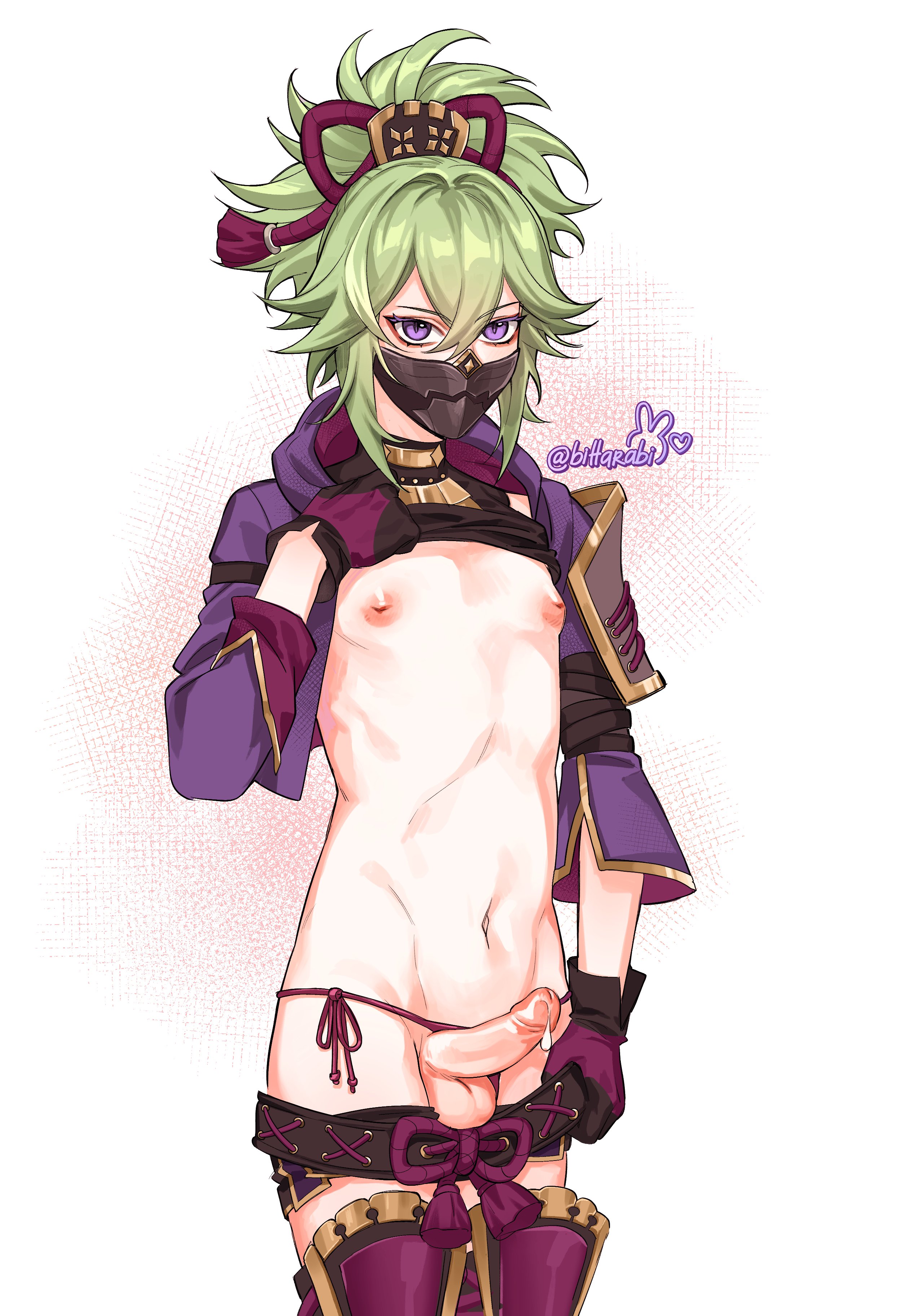 1boy, bittarabi, face mask, femboy, genderswap, genderswap (ftm), genshin impact, girly, green hair, kuki shinobu, male, male only, mask, mouth mask, precum, rule 63, trap