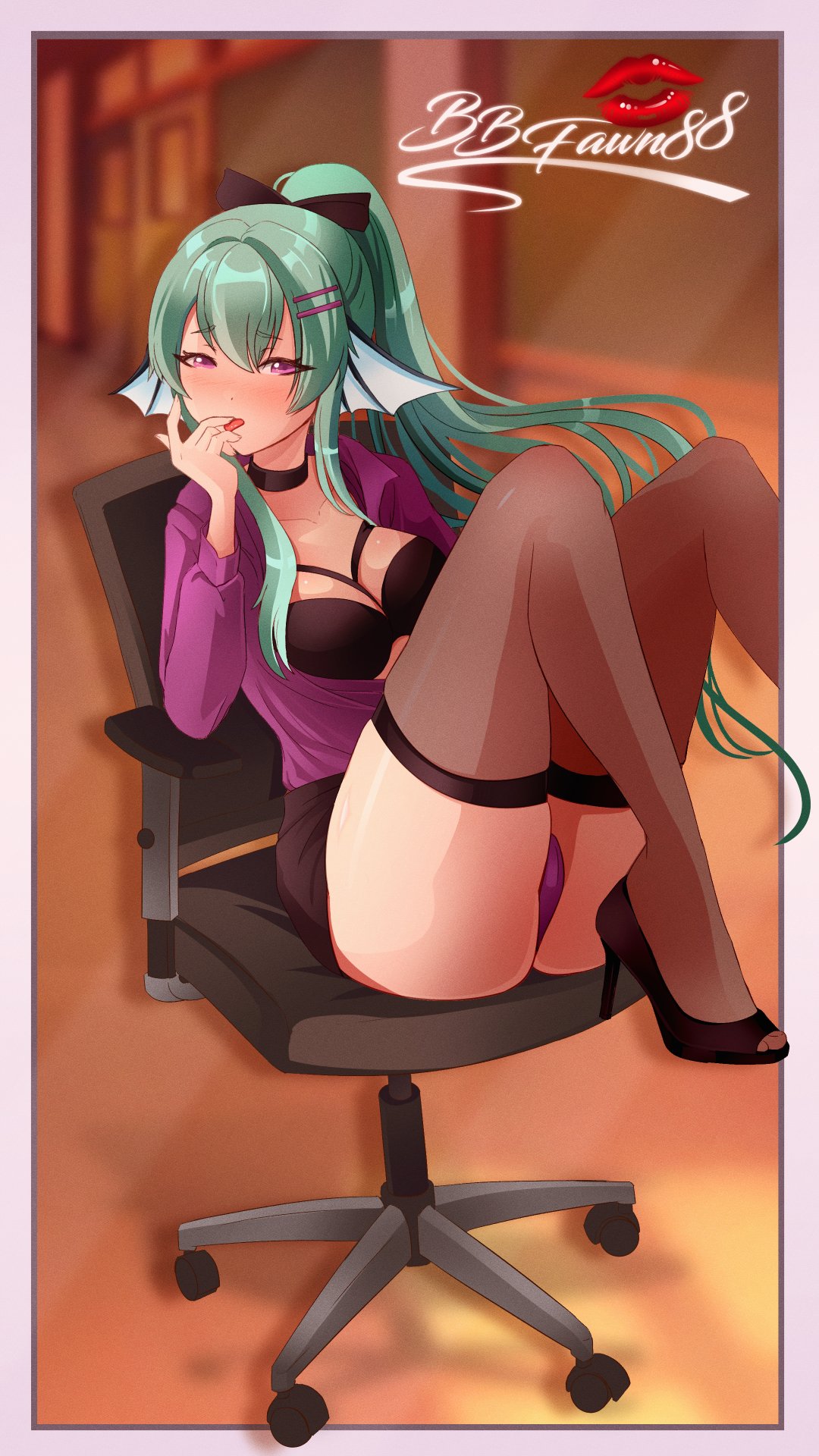 1girls bbfawn88 bra chair clothing finana_ryugu finana_ryugu_(3rd_costume) green_hair high_heels nijisanji nijisanji_en panties picture_frame ponytail purple_eyes sitting tagme tagme_(artist) underwear virtual_youtuber