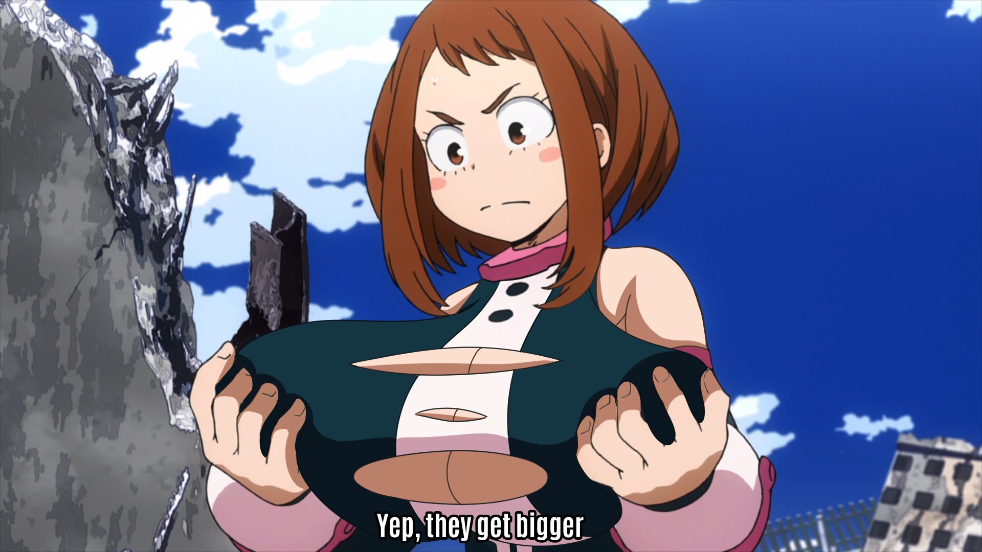 breasts, female, hero outfit (mha), holding breasts, my hero academia, ochako uraraka, ochako uraraka (hero outfit), rokasta1 (artist), screenshot edit, subtitles, torn clothes, uraraka ochako