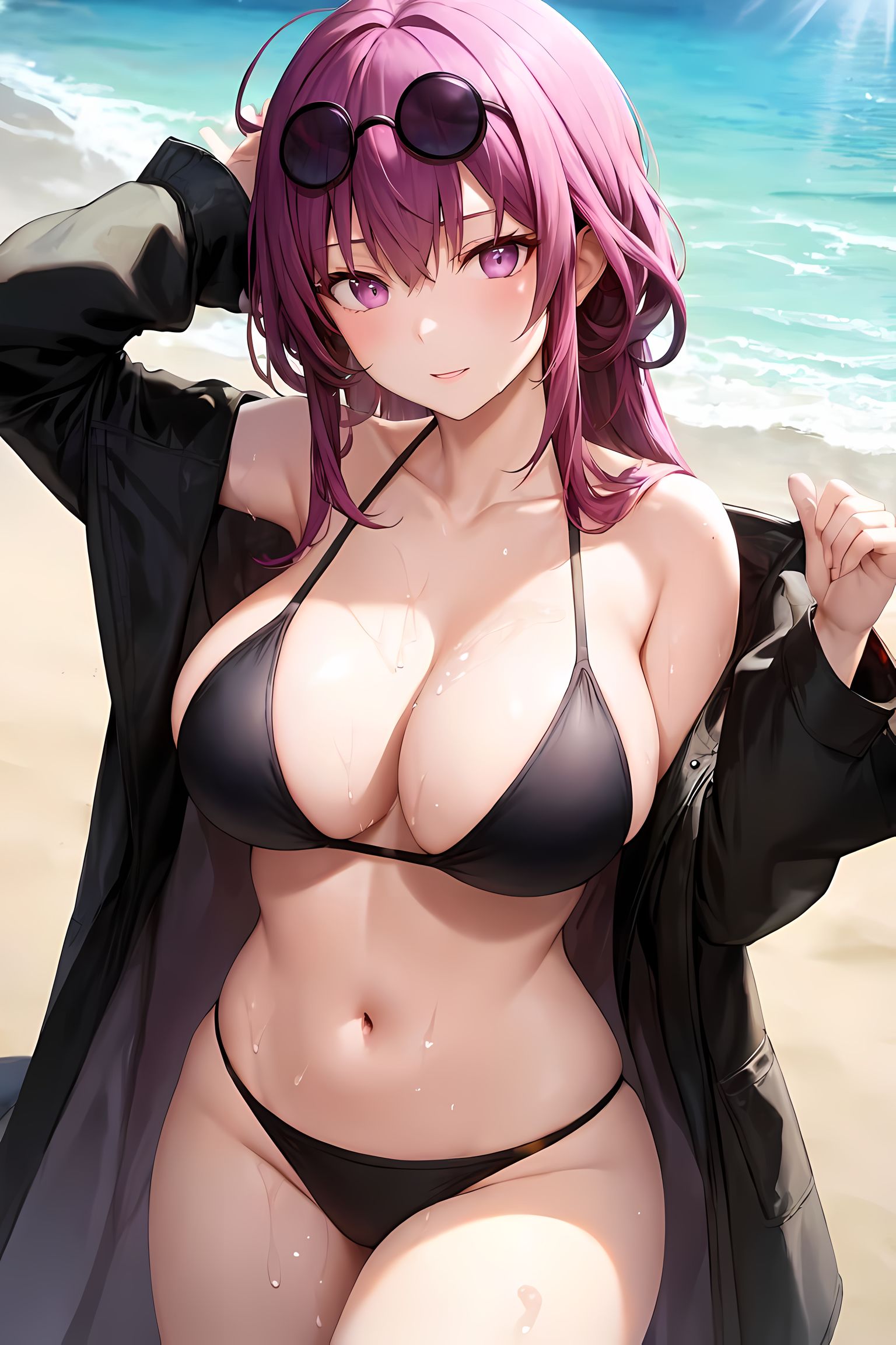 1girls, ai generated, breasts, curvaceous, curvy body, curvy figure, eyewear on head, female, female focus, female only, honkai (series), honkai: star rail, huge breasts, kafka (honkai: star rail), long hair, magenta hair, mimi ai, stable diffusion, sunglasses on head