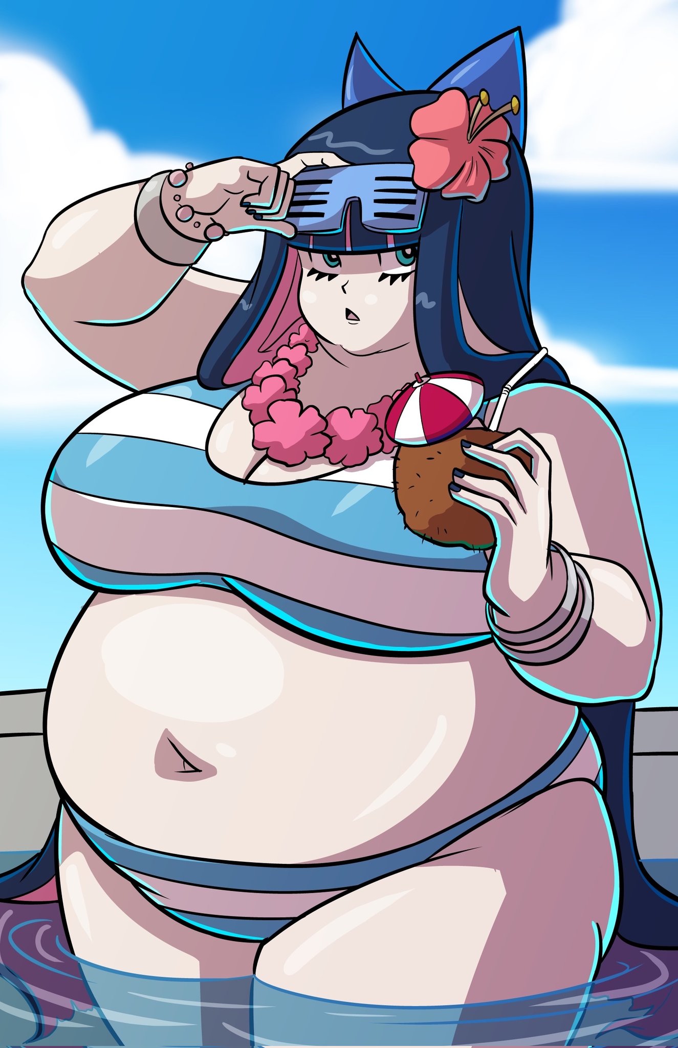 1girls, axel-rosered, bbw, big belly, big breasts, bikini, blue eyes, breasts, chubby, chubby female, coconut, dark hair, drink, fat, fat female, female, flower in hair, glasses, glasses on head, huge belly, huge breasts, larger female, looking away, looking to the side, obese, obese female, overweight, overweight female, panty & stocking with garterbelt, pink highlights, pool, poolside, sky, solo, stocking anarchy, swimwear, thick thighs, water, wide hips
