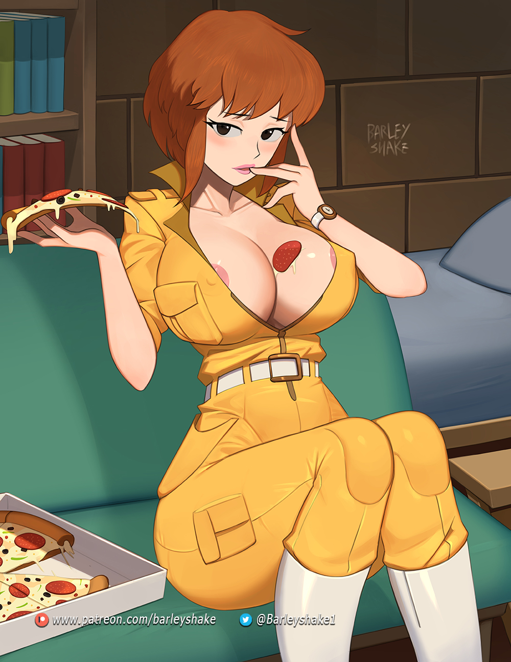 1girls april_o'neil april_o'neil_(tmnt_1987) areola_slip areolae areolae_slip barleyshake big_breasts blush breasts cleavage ear_piercing female female_only food large_breasts light-skinned_female light_skin looking_at_viewer nipple_bulge orange_hair pizza pizza_box pizza_slice ponytail red_hair solo solo_female teenage_mutant_ninja_turtles teenage_mutant_ninja_turtles_(1987) thick_thighs thighs wide_hips