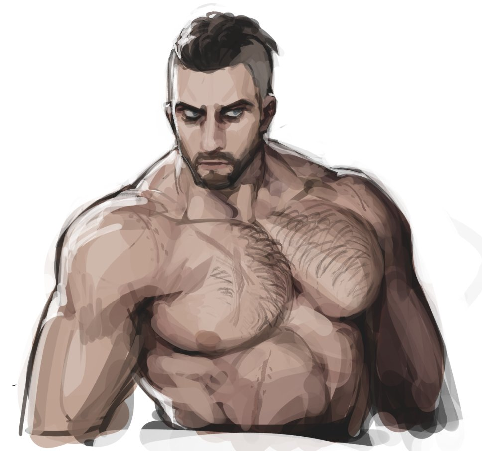 1boy abs agent_p-3 atomic_heart bara beard biceps facial_hair gay hairy hi_res highres male male_focus male_only male_pubic_hair muscular muscular_male nipples no_visible_genitalia solo solo_male tagme