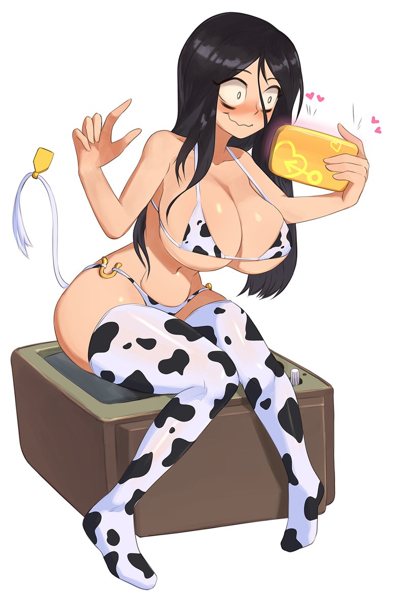 1girls, barleyshake, big breasts, black hair, blush, bra, breasts, cow tail, cowprint, female, female only, large breasts, light skin, light-skinned female, long hair, oc, panties, peace sign, phone, porn mania (shark-py), shark-py, solo, solo female, solo focus, stockings, thick thighs, thighhighs, thighs, wide hips