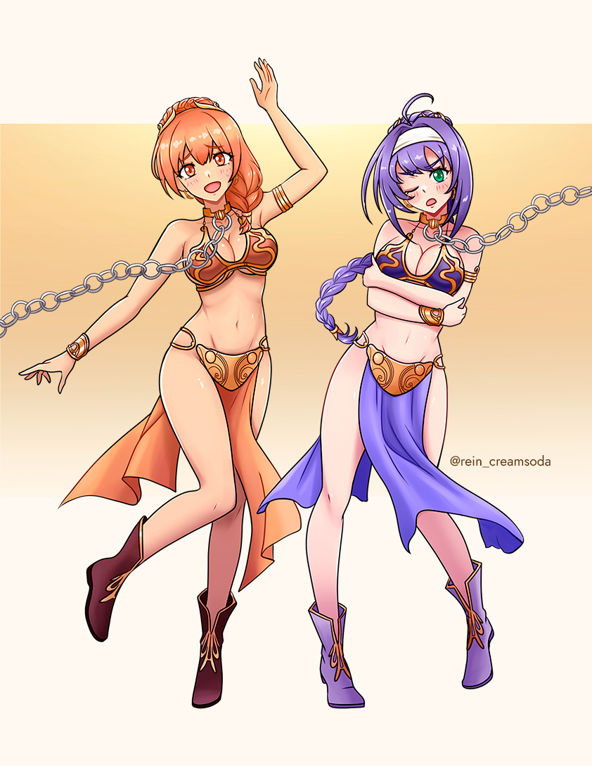 2girls alternate_costume alternate_hairstyle bikini bondage braid braided_ponytail breasts chain_leash chained chained_collar chains cleavage collar cosplay dancer dancing female female_only femsub fire_emblem fire_emblem:_path_of_radiance fire_emblem:_radiant_dawn fire_emblem:_three_houses large_breasts leash leonie_pinelli long_hair looking_at_viewer mia_(fire_emblem) multiple_girls multiple_subs nintendo pelvic_curtain ponytail rein_creamsoda sideboob slave slave_bikini slave_leia_(cosplay) slave_leia_costume