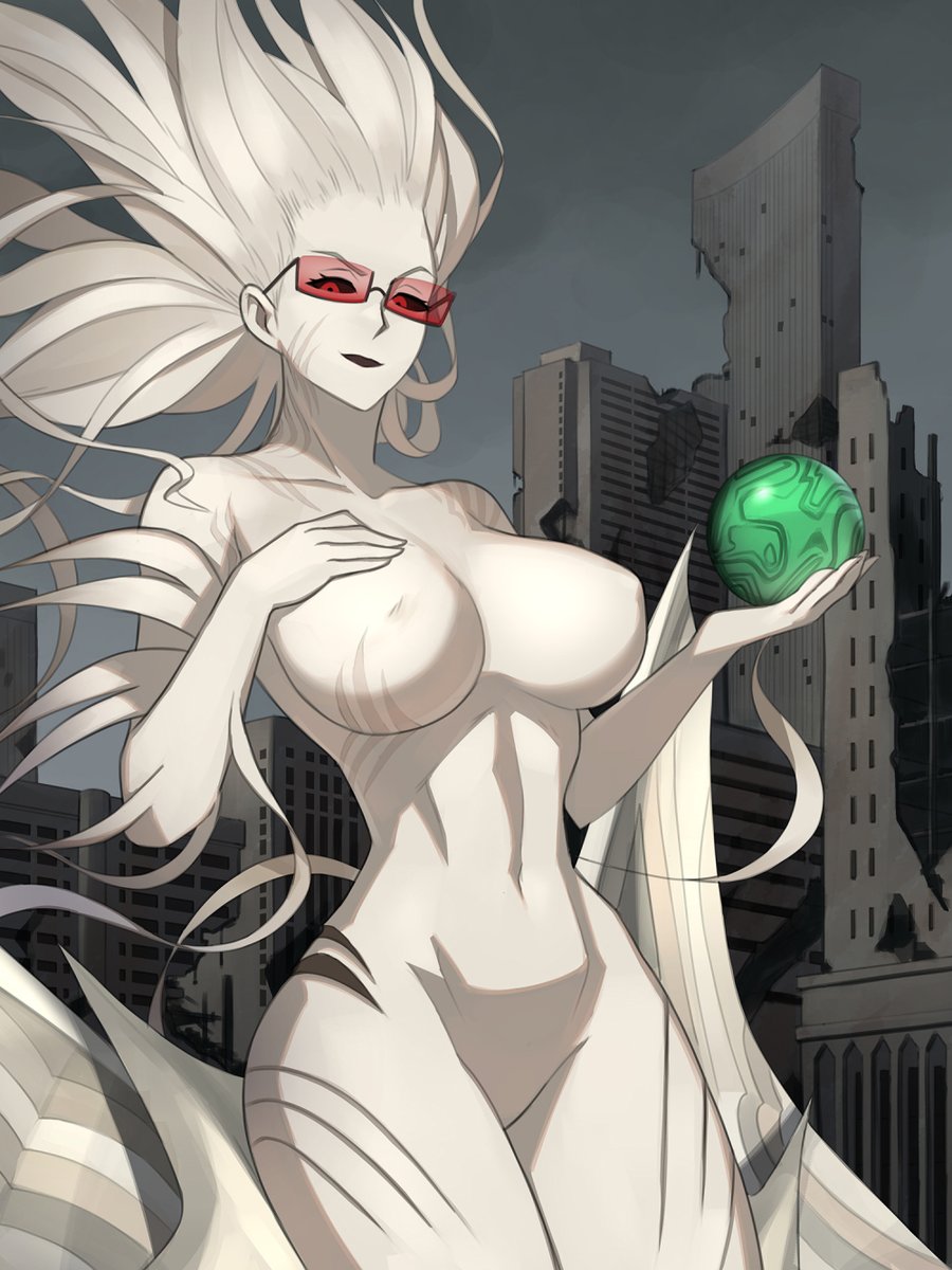 1girls barleyshake big_breasts eyebrows female female_only glasses hand_on_breast large_breasts lipstick looking_at_viewer one-punch_man psykos red_eyes solo solo_female solo_focus thick_thighs thighs white_body white_hair white_skin wide_hips