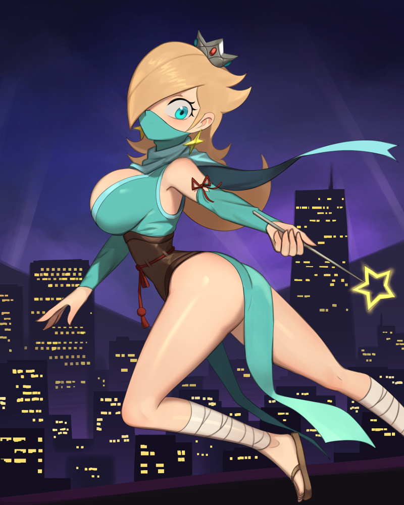 1girls, ass, barleyshake, big breasts, blonde hair, blue eyes, breasts, city, clothing, face mask, female, female only, large breasts, light skin, light-skinned female, long hair, looking at viewer, mario (series), night, ninja, nintendo, princess rosalina, sky, solo, solo female, solo focus, super mario galaxy, thick thighs, thighs, tight clothing, wand, wide hips