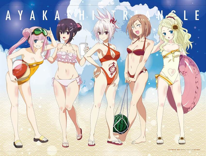 5girls ayakashi_triangle beach beach_ball bikini kanade_suzu kazamaki_matsuri korogi_reo large_breasts medium_breasts multiple_girls official_art stomach swimsuit thick_thighs thigh_gap toba_yayoi tsukioka_lucy