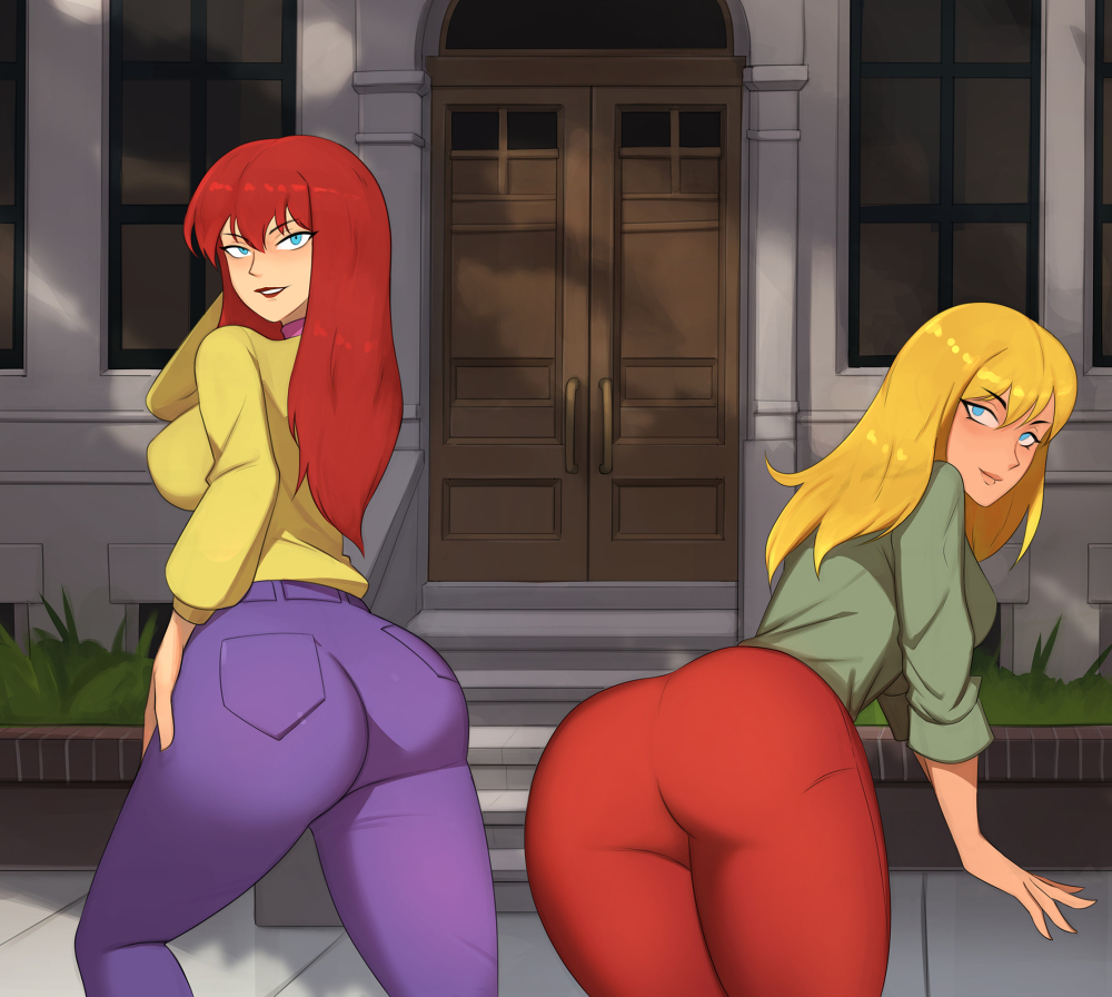 2girls ass barleyshake big_ass big_breasts big_butt blonde_hair blue_eyes dat_ass duo duo_female eyebrows eyelashes fat_ass female female_only fully_clothed gwen_stacy gwen_stacy_(classic) large_ass large_breasts light-skinned_female light_skin looking_at_viewer marvel marvel_comics mary_jane_watson mary_jane_watson_(smtas) mexican_gwen_stacy red_hair spider-man:_the_animated_series spider-man_(series) thick_thighs thighs wide_hips