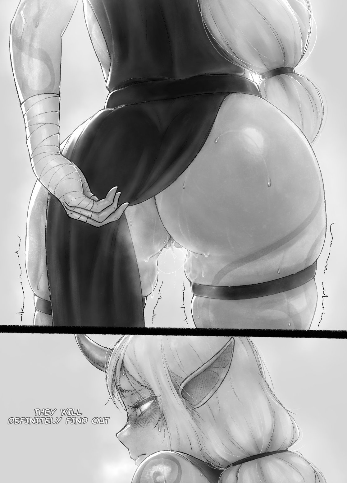 1girls, ass, ass focus, blush, bottomless, female, horn, league of legends, leaking cum, looking at viewer, looking back, monochrome, partially clothed, pointy ears, presenting, solo, soraka, standing, sweat, text, thick thighs, tonka kryga, wet