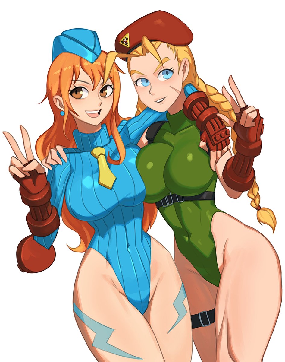 2girls, barleyshake, beret, big breasts, blonde hair, blonde-haired female, blue eyes, blue leotard, braid, braided hair, braided twintails, breasts, brown eyes, busty, cammy white, cammy white (cosplay), cosplay, crossover, earrings, eyebrows, eyelashes, female, female only, fully clothed, garrison cap, gloves, green leotard, hat, hourglass figure, large breasts, leotard, long hair, looking at viewer, multiple females, multiple girls, nami (one piece), one piece, orange hair, orange-haired female, peace sign, post-timeskip, scar, street fighter, street fighter alpha, symmetrical docking, thick legs, thick thighs, thighs, tie, twintails, v, voluptuous, voluptuous female, wide hips