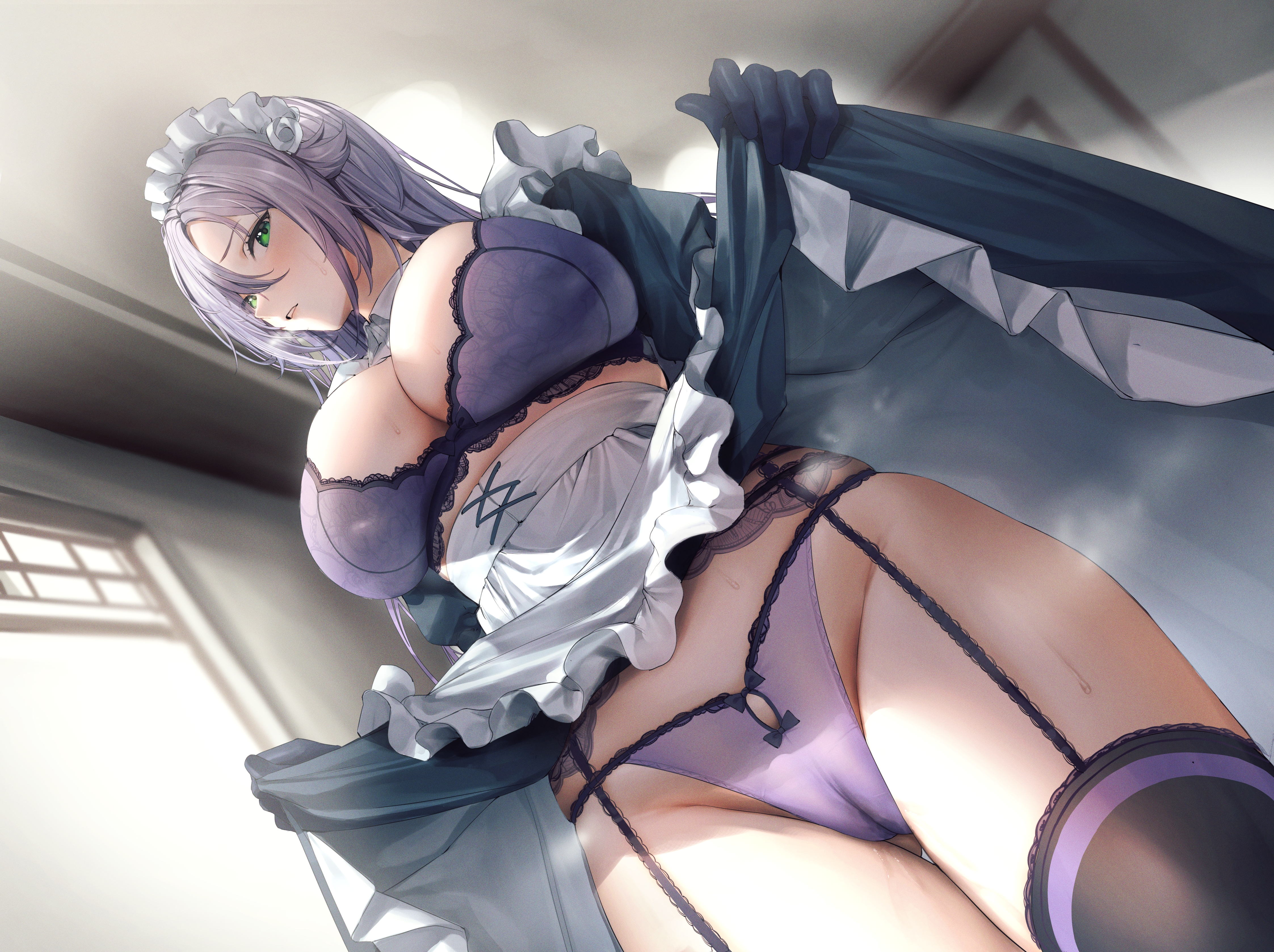 1girls, 2023, absurd res, apron, ass visible through thighs, black gloves, blush, bra, breasts, cameltoe, cleavage, clothing, female, female only, frilled apron, frilled skirt, frills, garter straps, gloves, green eyes, highres, hiyashi mirano, indoors, large breasts, lifted by self, long hair, maid, maid headdress, maid uniform, original, panties, purple bra, purple panties, pussy, silver hair, skirt, skirt lift, solo, standing, steam, steaming body, sweat, teeth, thigh gap, thighhighs, underwear, uniform, window
