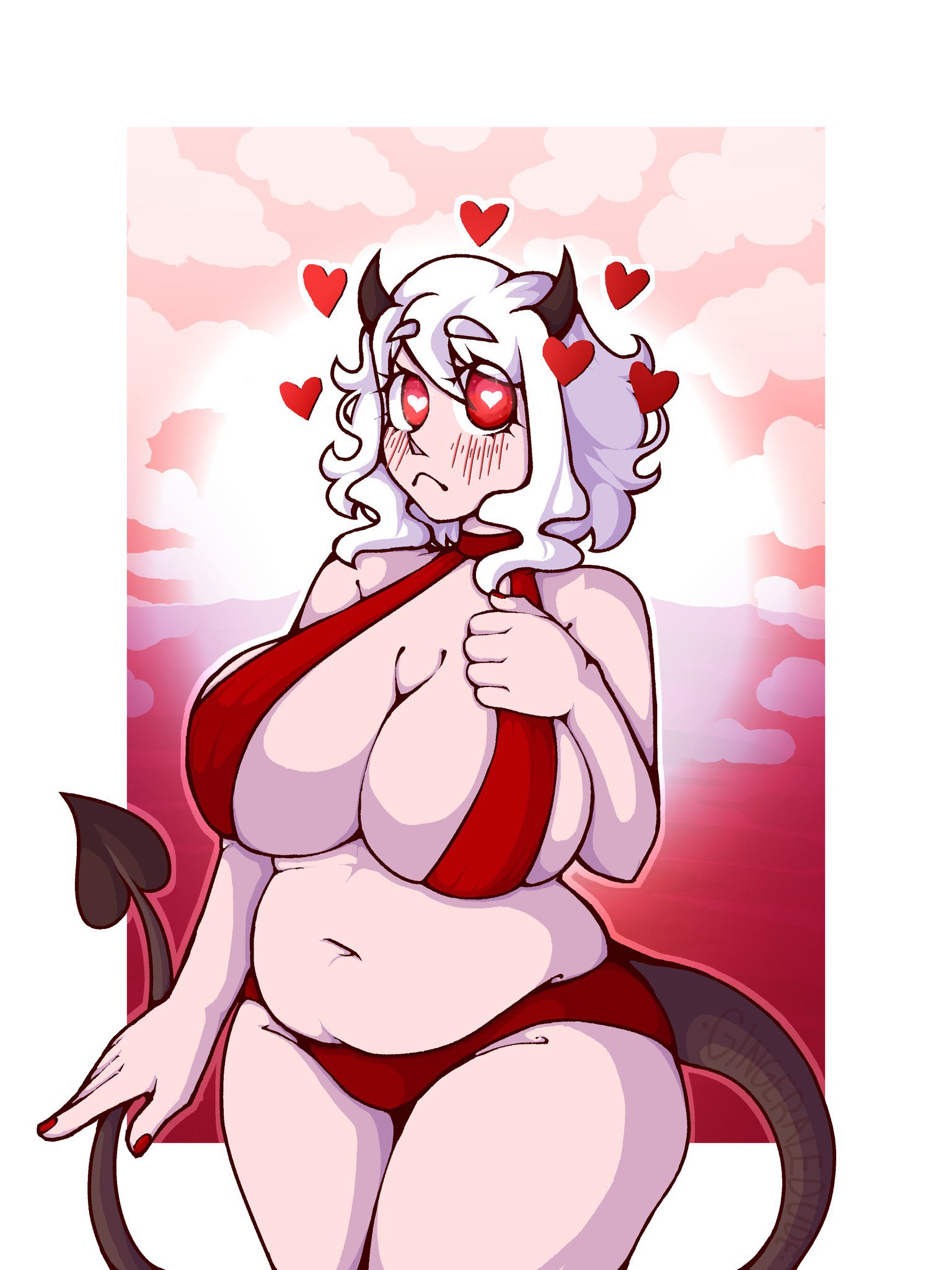 1girls, belly button, bikini, blush, breasts, chubby, chubby belly, chubby female, demon, demon girl, demon horns, demon tail, eyelashes, fat, female, frown, heart, heart pupils, helltaker, huge breasts, looking at viewer, modeus (helltaker), nail polish, navel, red eyes, simple background, solo, solo female, solo focus, swimwear, thick thighs, white hair, wide hips