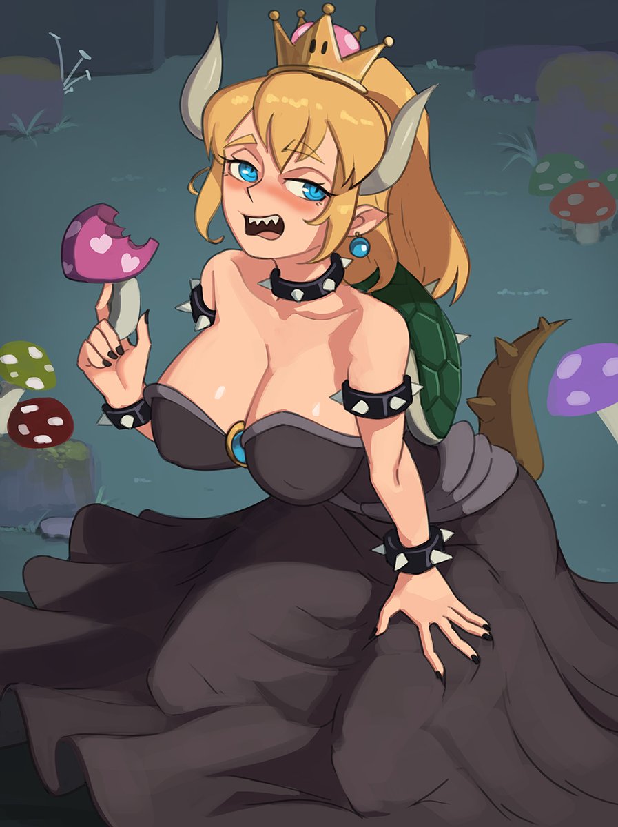 1girls, barleyshake, big breasts, black dress, black nails, blonde hair, blush, bowsette, breasts, cleavage, crown, dress, earrings, eyebrows, eyebrows visible through hair, eyelashes, female, female only, horns, large breasts, light skin, light-skinned female, looking at viewer, mario (series), mushroom, nail polish, new super mario bros. u deluxe, nintendo, outdoors, pointy ears, ponytail, sharp teeth, shell, solo, solo female, solo focus, spiked bracelet, spiked collar, spikes, tail, thick thighs, thighs, tied hair, wide hips
