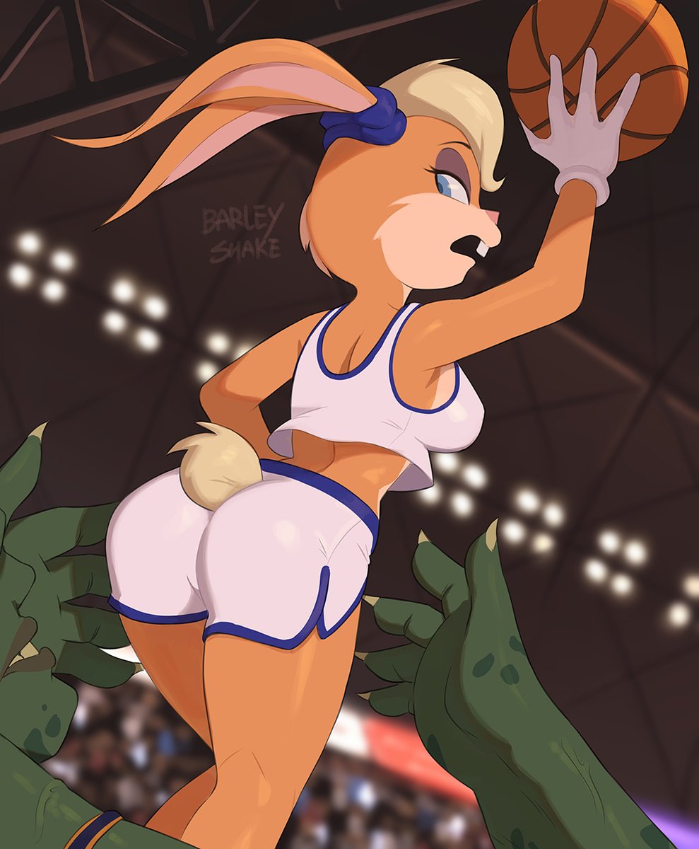 1boy 1girls ass bang_(space_jam) barleyshake basketball basketball_uniform big_breasts blonde_hair blue_eyes buckteeth eyebrows eyelashes eyeshadow female fur gloves green_body green_skin lola_bunny looking_back looney_tunes male monstar_(space_jam) orange_body orange_fur orange_skin rabbit rabbit_ears rabbit_tail space_jam tail thick_thighs thighs white_gloves