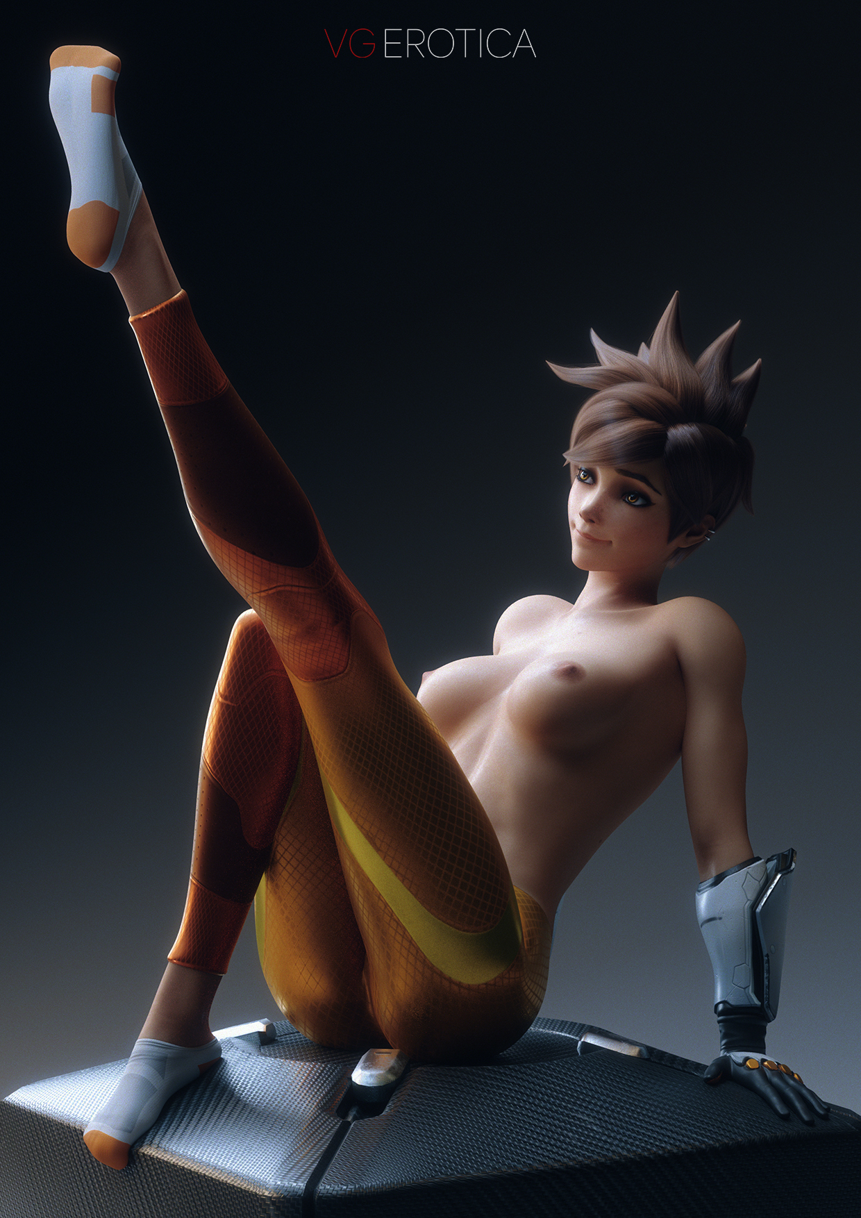 1girls, 3d, alternate version available, areolae, athletic, athletic female, blender, blizzard entertainment, bottomwear, breasts, brown hair, cameltoe, clothing, ear piercing, earrings, female, female focus, female only, half naked, half-dressed, highres, leg up, leggings, legwear, lena oxton, light skin, light-skinned female, lootbox, medium breasts, nipples, overwatch, overwatch 2, partially clothed, piercing, pose, posing, presenting, presenting breasts, presenting pussy, pussy, pussy lips, pussy peek, sitting, socks, solo, solo focus, topless, tracer, vagina, vgerotica, watermark