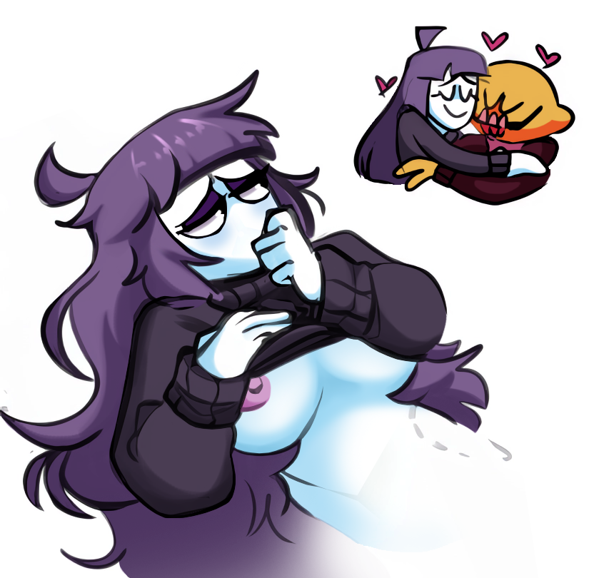 big_breasts daemonz female friday_night_funkin heart hearts_around_head hug lemon_demon lila_(spooky_month) long_hair milf monster_(friday_night_funkin) mother nipples pale-skinned_female purple_hair smile spooky_month sweater_lift