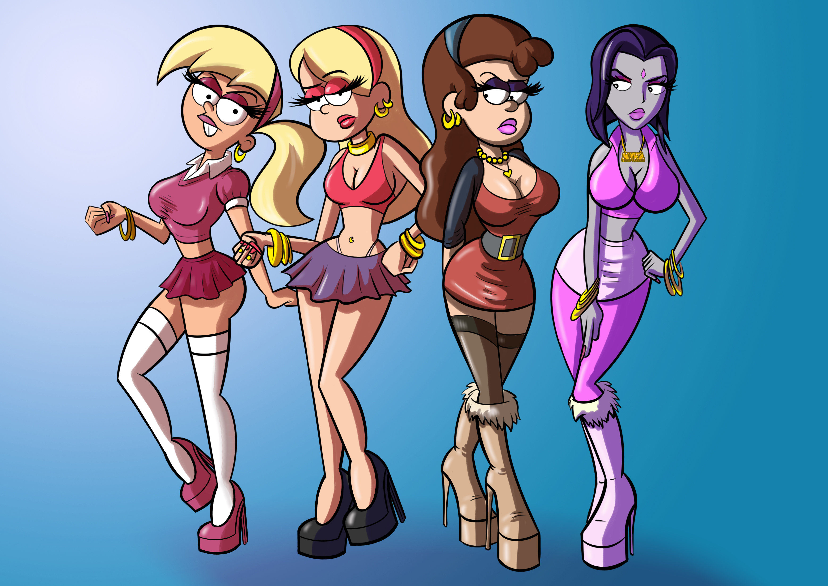 4girls, ass, bimbo, bimbo body, bimbo lips, bimbofication, black socks, breasts, dc, dc comics, dipper pines, disney, disney channel, disney xd, female, female dipper, female only, genderswap, genderswap (mtf), gravity falls, high heel boots, high heels, hoop earrings, large ass, large breasts, mabel pines, midriff, multiple females, multiple girls, navel, nice-ass91, raven (dc), revealing clothes, rule 63, socks, teen titans, the fairly oddparents, thick lips, thick thighs, thigh socks, thighhighs, timantha, timmy turner, white socks, wide hips