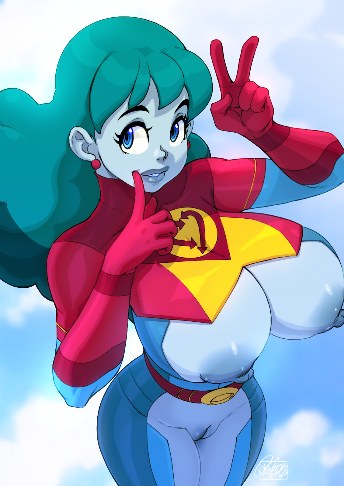 1girls, 2022, areolae, blue eyes, bodysuit, breast cutout, breasts, breasts out, clothing, earrings, female, female only, gloves, green hair, long hair, nipples, planetina, pussy, red gloves, rick and morty, sky, smile, solo, superheroine, tovio rogers, v