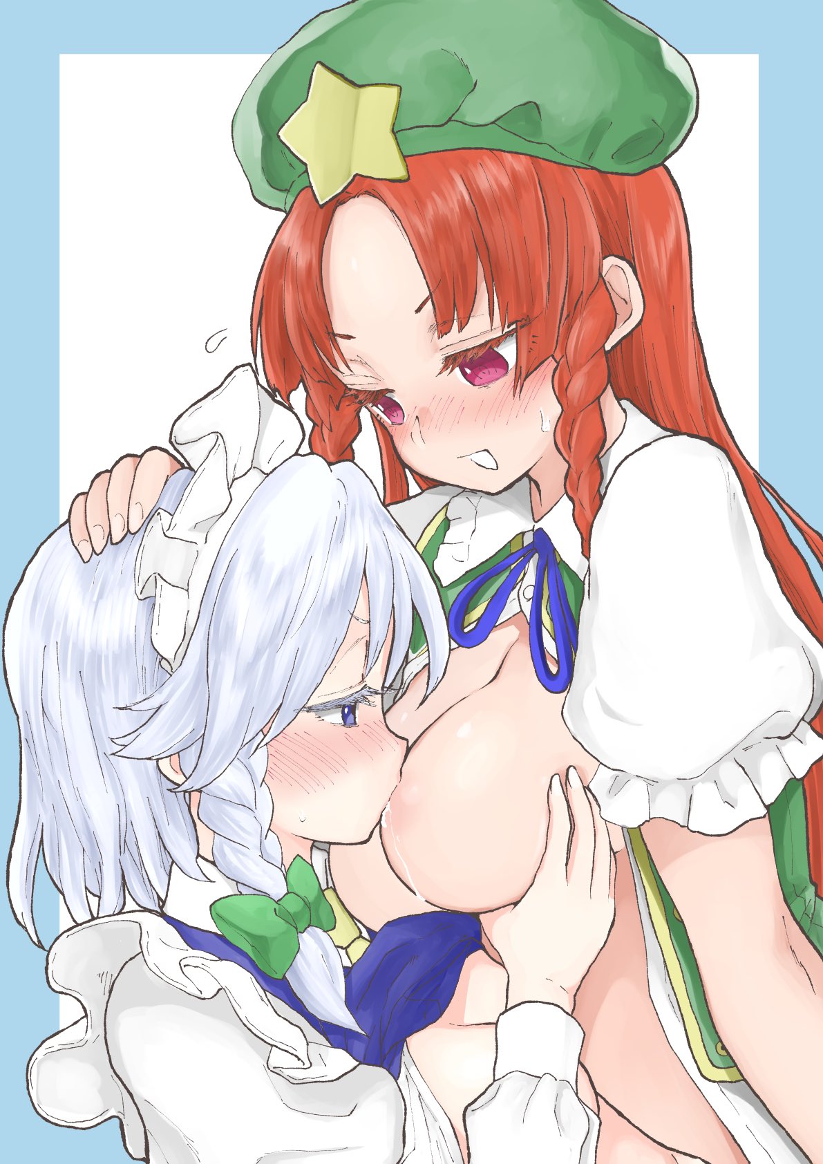 2girls blue_eyes blush braid breast_sucking breasts buttons chikado collared_shirt green_headwear grey_hair hat hat_ornament highres hong_meiling izayoi_sakuya large_breasts long_hair long_sleeves maid maid_headdress multiple_girls open_mouth red_eyes red_hair sakuya_izayoi shirt short_hair short_sleeves star_(symbol) star_hat_ornament touhou twin_braids white_shirt yuri