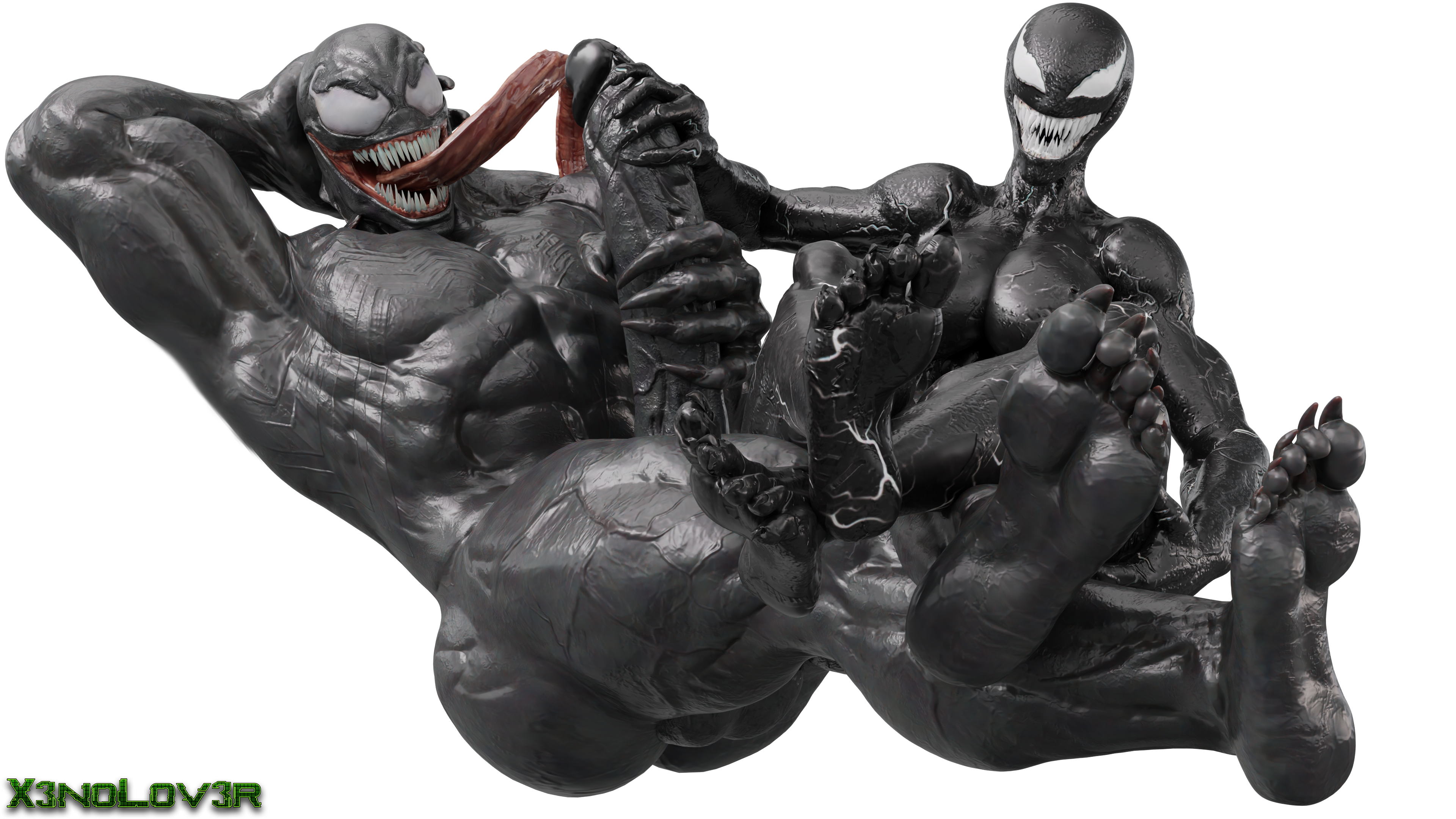 5 toes, alpha channel, balls, big penis, breasts, couple, feet, female, foot fetish, humamoid feet, legs crossed, male, male focus, male foot fetish, marvel, marvel comics, muscles, penis, she-venom, soles, thekidxeno, tongue, transparent background, venom, venom (marvel)
