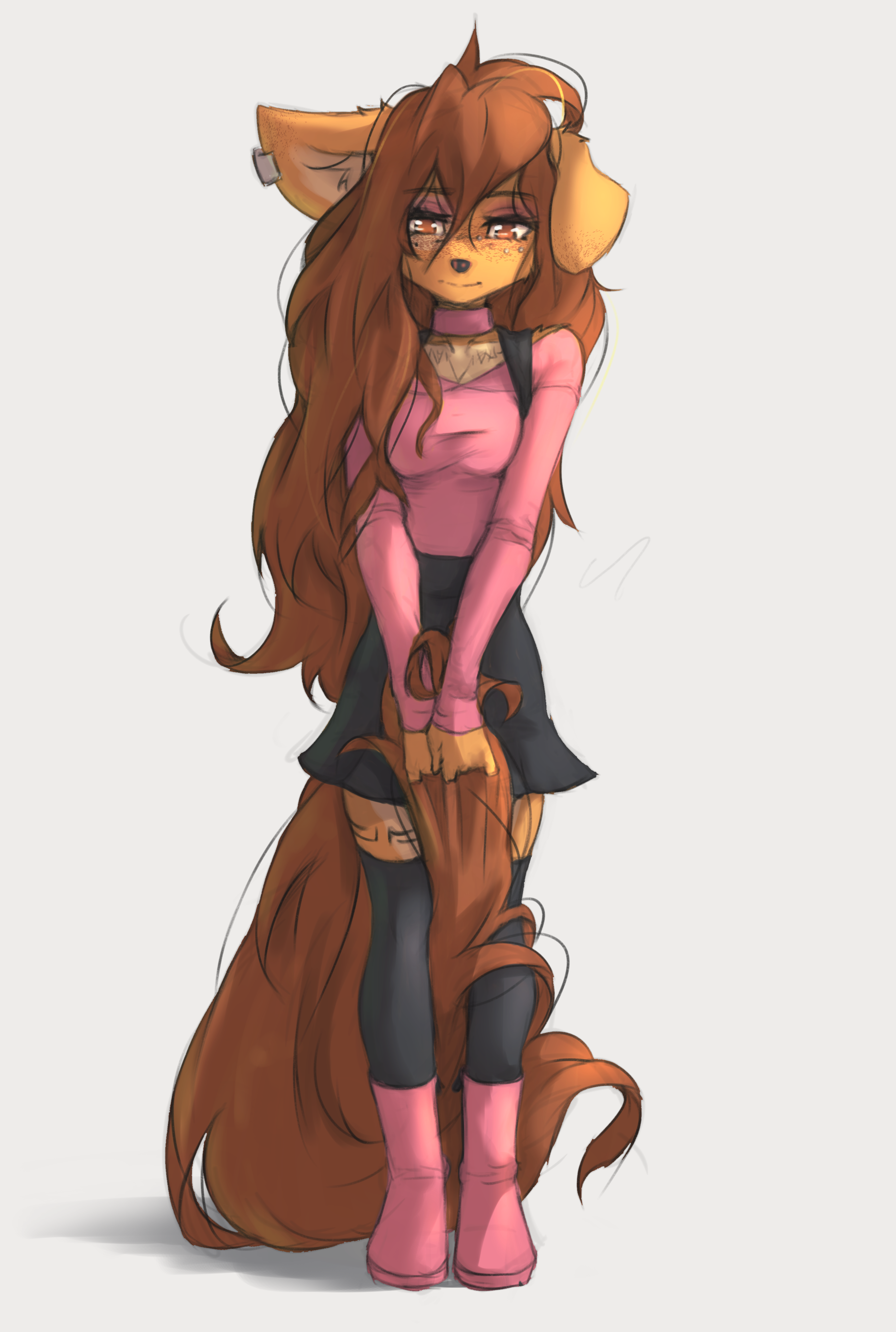 1girls, apogee (tinygaypirate), breasts, brown, brown hair, clothed, cute, earring, eyes, female, furry, looking at viewer, skirt, small breasts, solo, solo female, stockings, tail, thighs, tinygaypirate