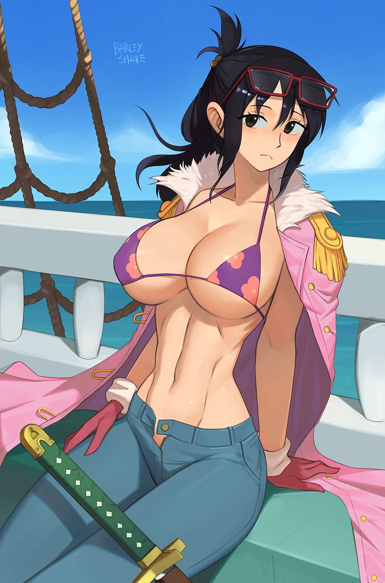 1girls, barleyshake, big breasts, bikini, bikini top, black hair, black-haired female, breasts, cleavage, female, female only, fully clothed, glasses, glasses on head, gloves, large breasts, light skin, light-skinned female, looking at viewer, navel, one piece, ponytail, revealing clothes, solo, solo female, solo focus, sword, tashigi, thick thighs, thighs, unbuttoned, unbuttoned pants, underboob, wide hips