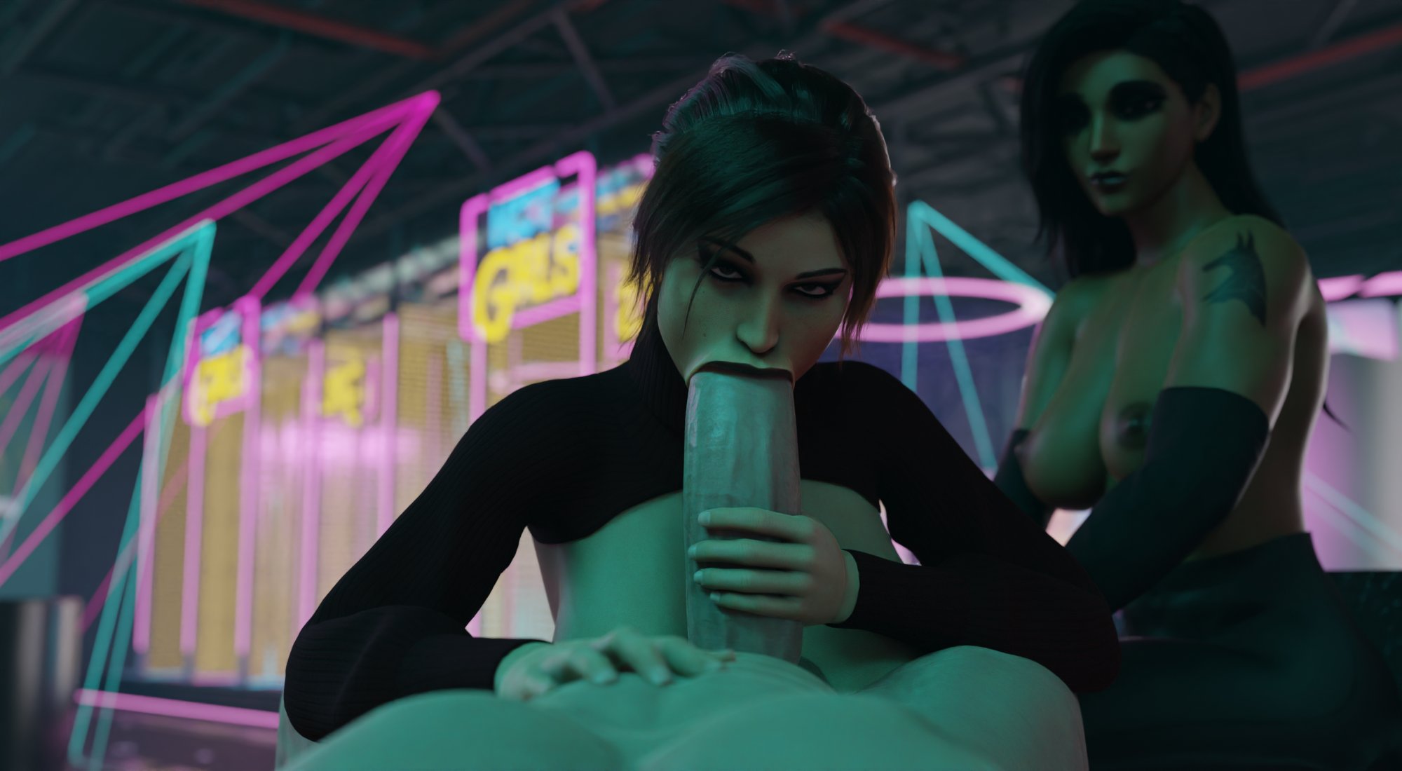 3d, big penis, breasts, chocolate and vanilla, dark skin, female, human, interracial, lara croft, lara croft (survivor), large breasts, large penis, light skin, light-skinned male, male, oral, overwatch, penis, penis in mouth, pharah, tanuking3d, thick penis, tomb raider, tomb raider (survivor), veiny penis