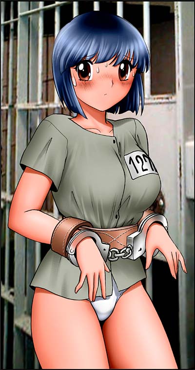 blue_hair blush breasts brown_eyes collarbone cuffs female handcuffs medium_breasts no_pants original original_character panties prison prison_uniform prisoner shingyouji_tatsuya short_hair sweat thick_thighs underwear white_panties