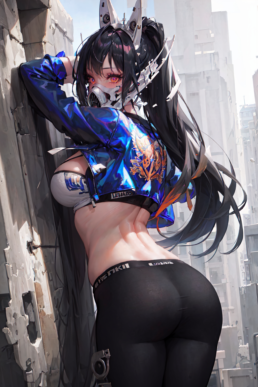 against_wall ai_generated ass ass_focus bare_shoulders black_hair blush breasts cropped_jacket female from_behind goddess_of_victory:_nikke headgear jacket large_breasts long_hair looking_at_viewer pants ponytail red_eyes shiny shiny_clothes shiny_hair shiny_skin sideboob sin_(nikke) solo tight_pants very_long_hair yoga_pants