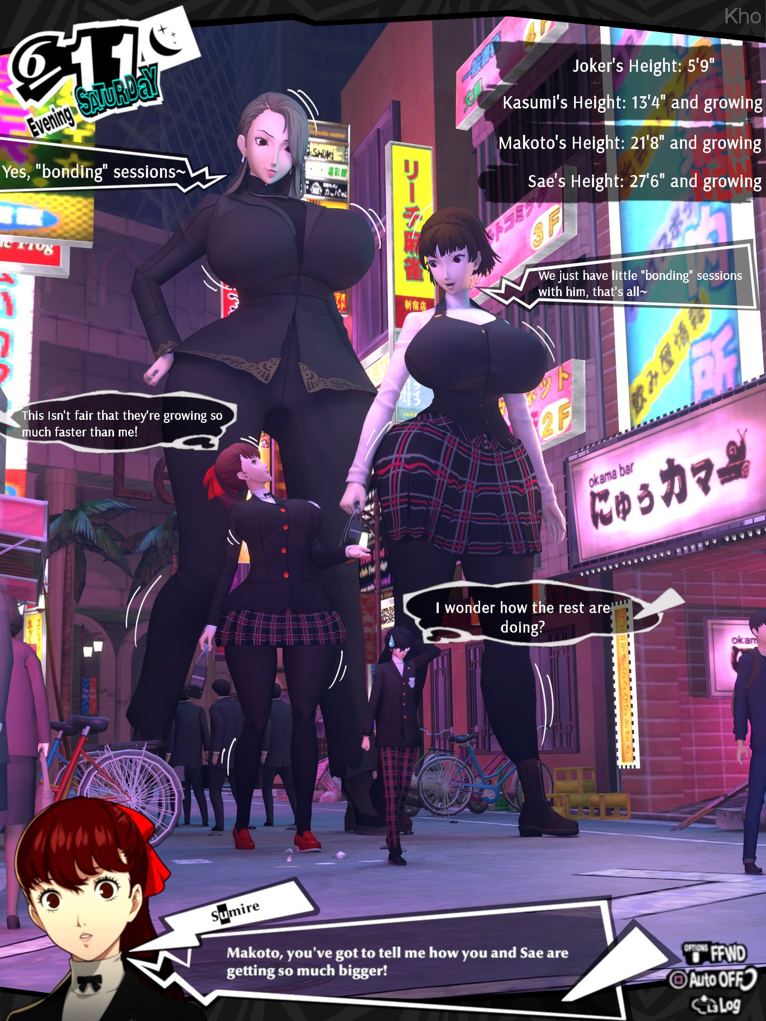 3d, female, giantess, ivaldikhosize, kasumi yoshizawa, makoto niijima, persona, persona 5, ren amamiya, sae niijima, sumire yoshizawa, tagme