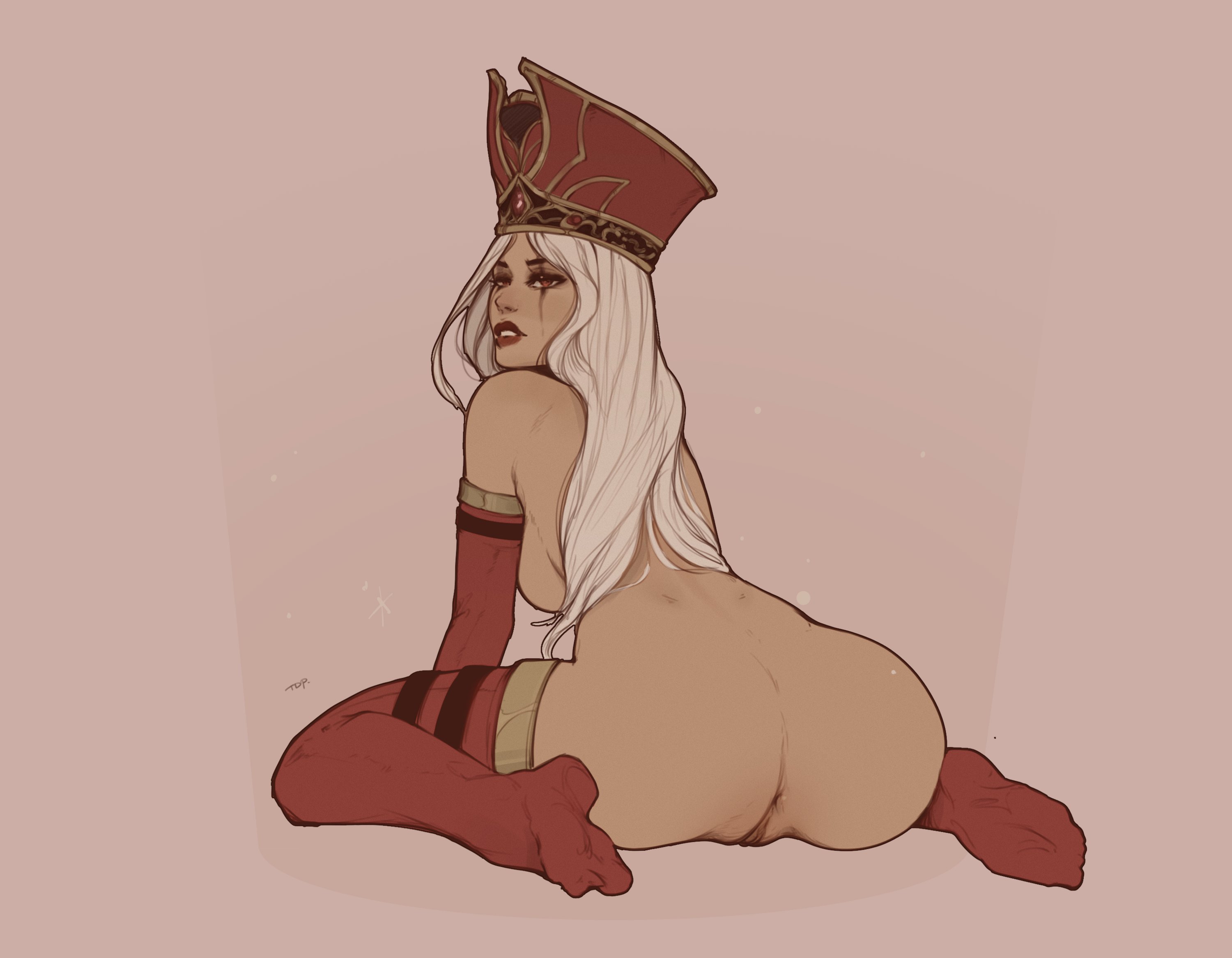 1girls, ass, back view, female, hat, nude, pussy, sally whitemane, sitting, tdp, uncensored, warcraft, wariza, white hair, world of warcraft