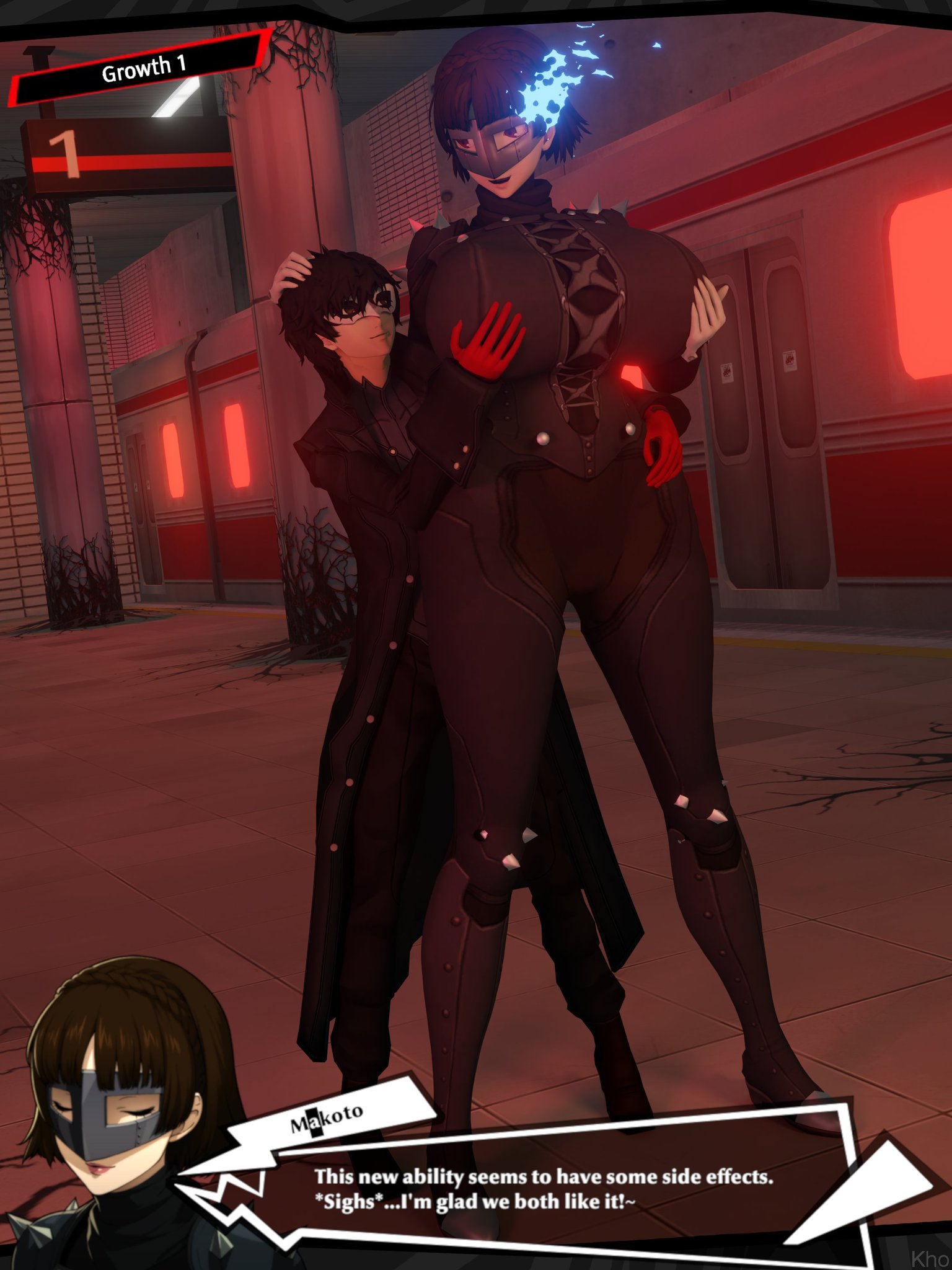 3d, breast grab, breasts, clothing, double breast grab, female, giantess, groping, human, ivaldikhosize, makoto niijima, makoto niijima (queen), pale skin, persona, persona 5, phantom thief suit, ren amamiya, tagme
