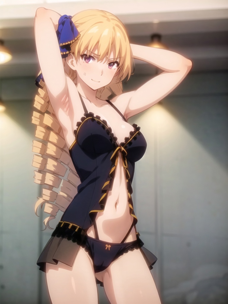 1girls, ai generated, armpits, arms behind head, babydoll, big breasts, blonde hair, breasts, busty, cleavage, drill hair, fate (series), female, female only, large breasts, lingerie, long hair, luviagelita edelfelt, navel, panties, pose, posing, sexy armpits, smile