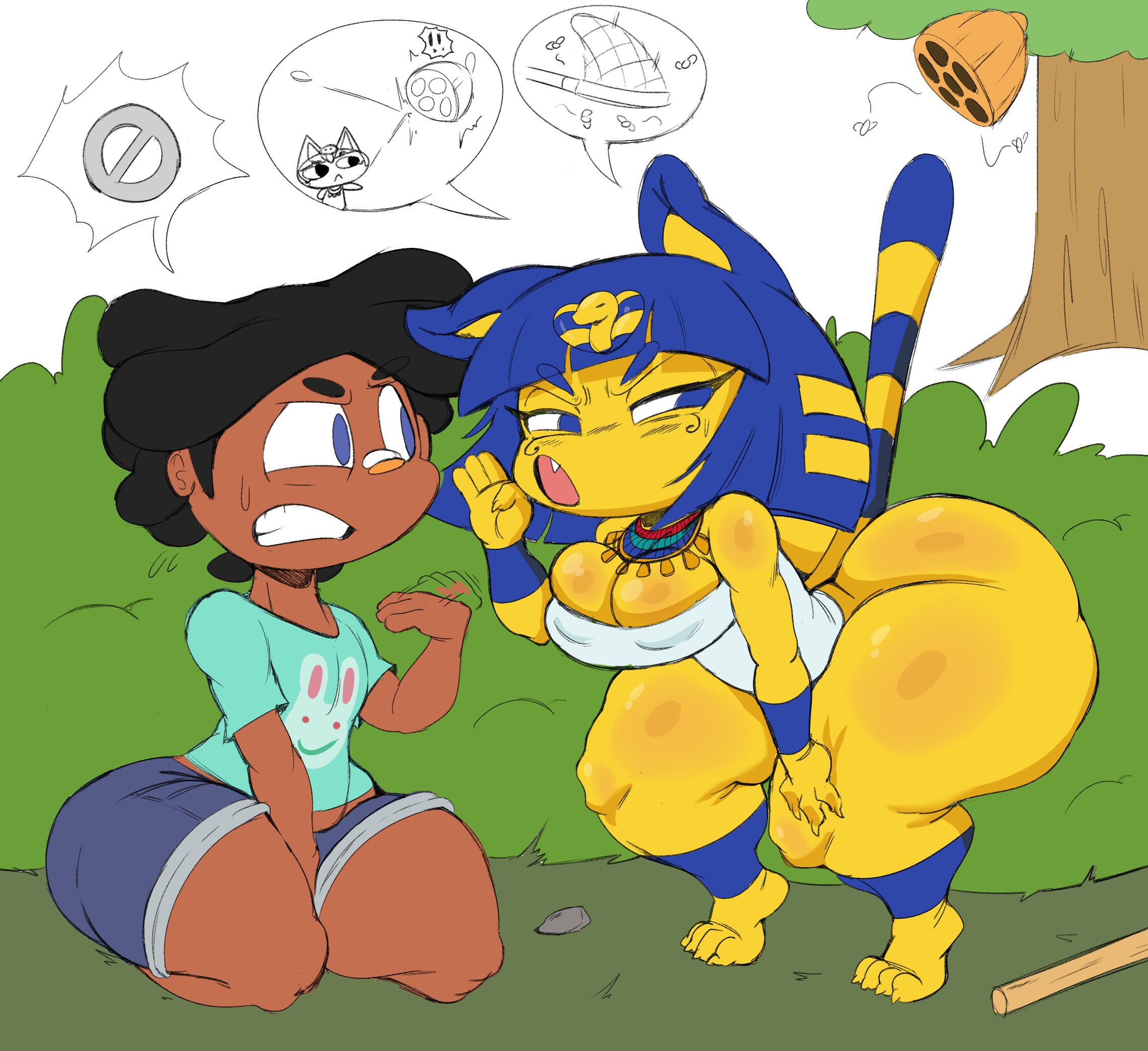 1boy, 1girls, animal crossing, ankha, anthro, ass, bottom heavy, cushion (purple yoshi draws), dark skin, dark-skinned male, feline, female, huge ass, huge butt, human, male, nintendo, purple yoshi draws, villager (animal crossing)