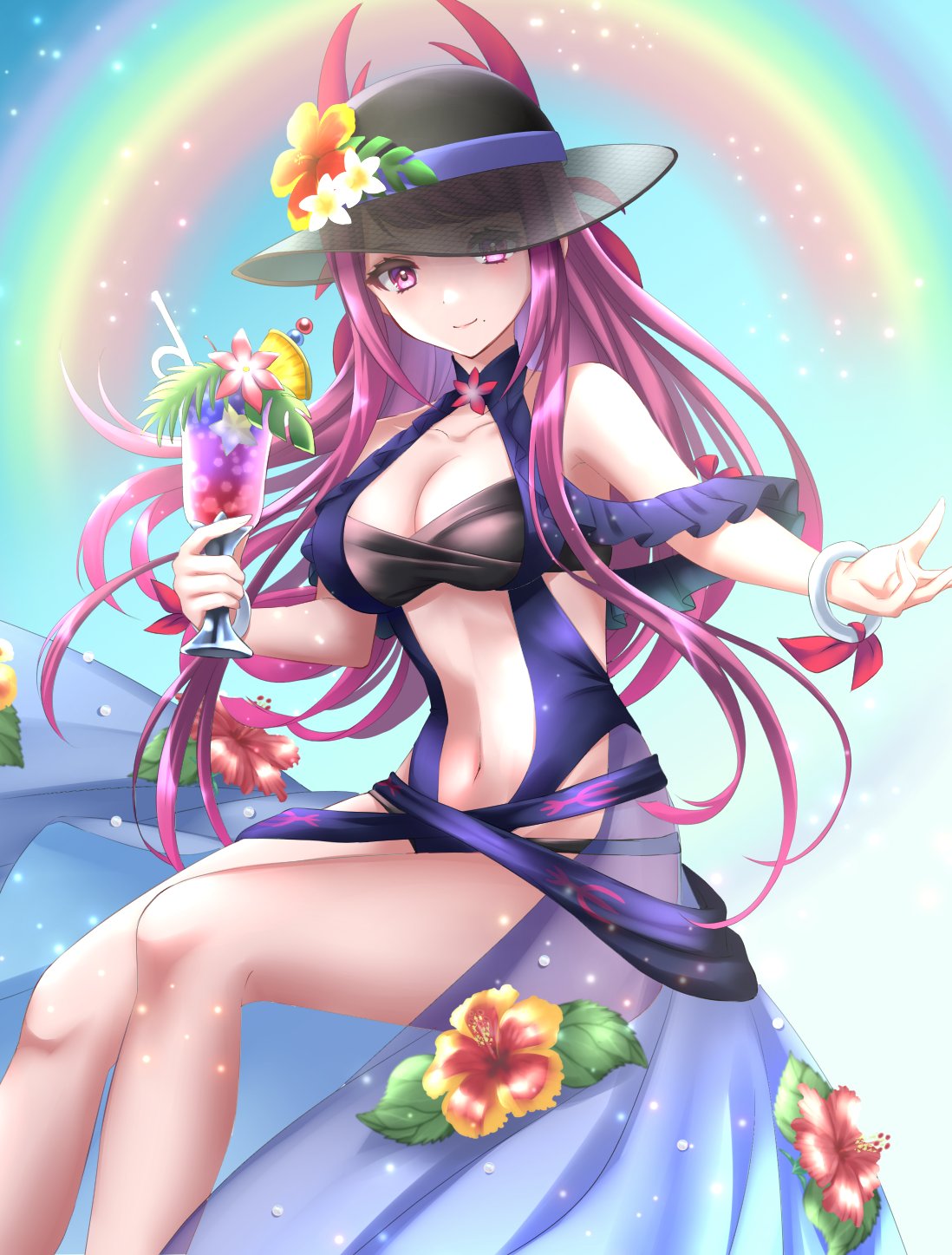 1girls alternate_costume backless_swimsuit bikini black_bikini blue_one-piece_swimsuit blue_swimsuit center_opening cup drinking_straw female female_only fire_emblem fire_emblem_engage fire_emblem_heroes flower frilled_one-piece_swimsuit frills halterneck hat hibiscus highres holding holding_cup ivy_(fire_emblem) ivy_(summer)_(fire_emblem) kakiko210 looking_at_viewer navel nintendo official_alternate_costume one-piece_swimsuit purple_eyes purple_hair rainbow see-through_headwear sitting smile solo sun_hat swimsuit