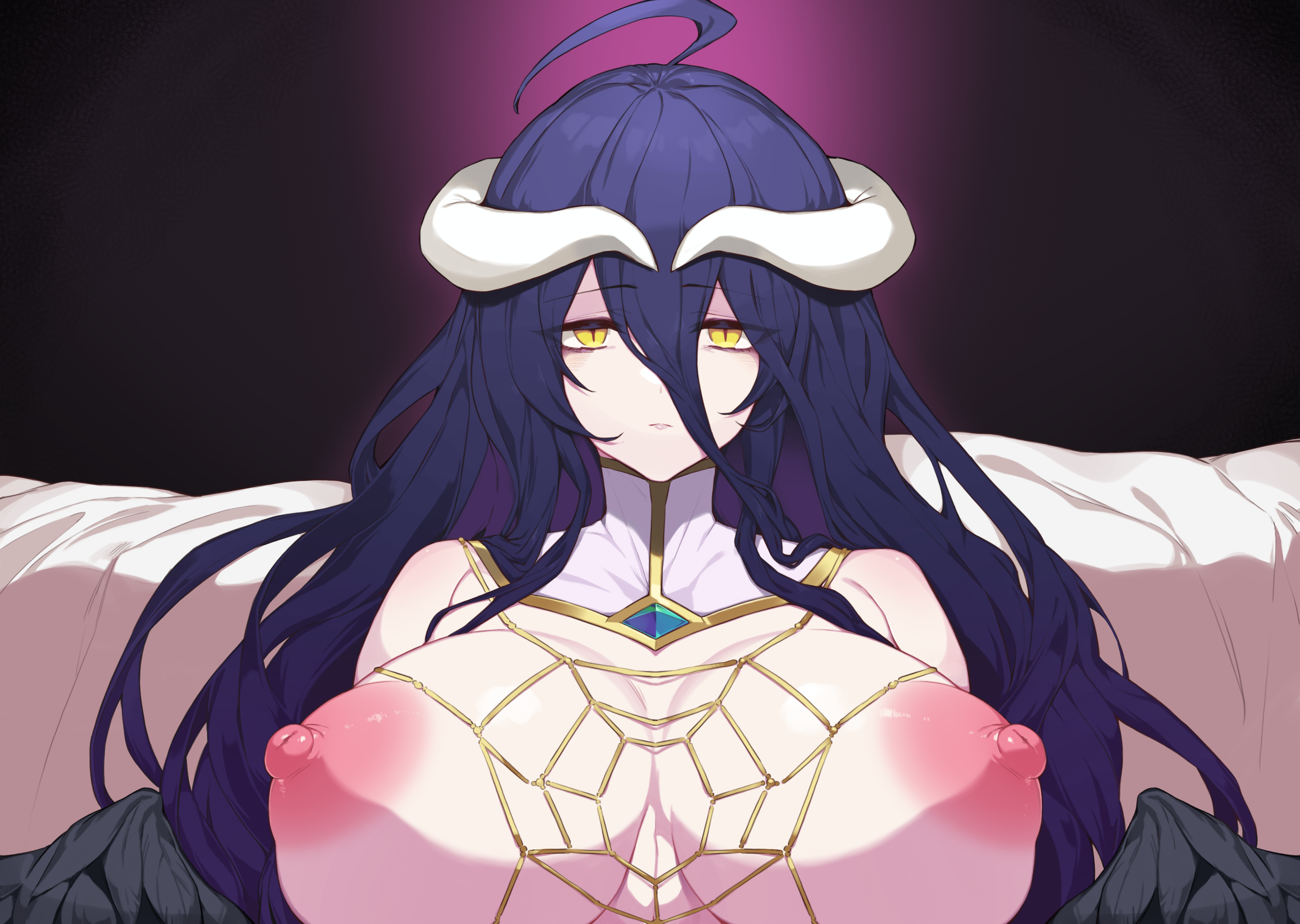 1boy, absurdres, ahoge, albedo (overlord), black hair, breasts, collarbone, demon, demon girl, demon horns, female, heart, highres, horn grab, horns, long hair, looking at viewer, male, medium breasts, nude, overlord (maruyama), paid reward, patreon reward, pov, slit pupils, solo focus, spitroast, spoken heart, straight, succubus, threesome, uncensored, yanje, yellow eyes