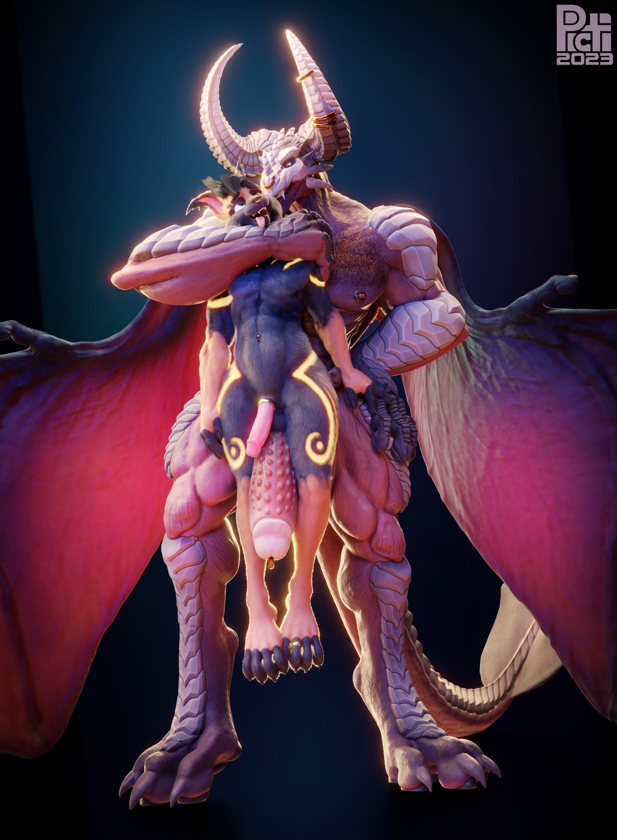 body_hair demon dragon felid feline fur girly hi_res legacy_(freschrenders) lynx male mammal muscular picti piercing radu ring scales sex tagme wings