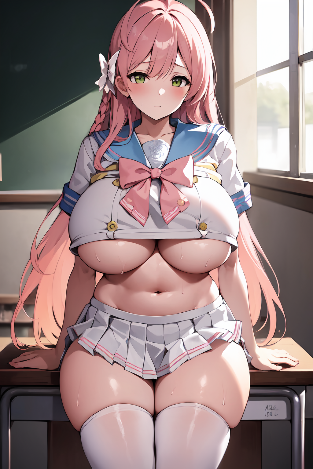 1girls, ai generated, blue archive, curvaceous, curvy female, curvy figure, female, hanako (blue archive), long hair, make-up work club (blue archive), pink hair, school uniform, schoolgirl, stable diffusion, trinity general school student, voluptuous, voluptuous female