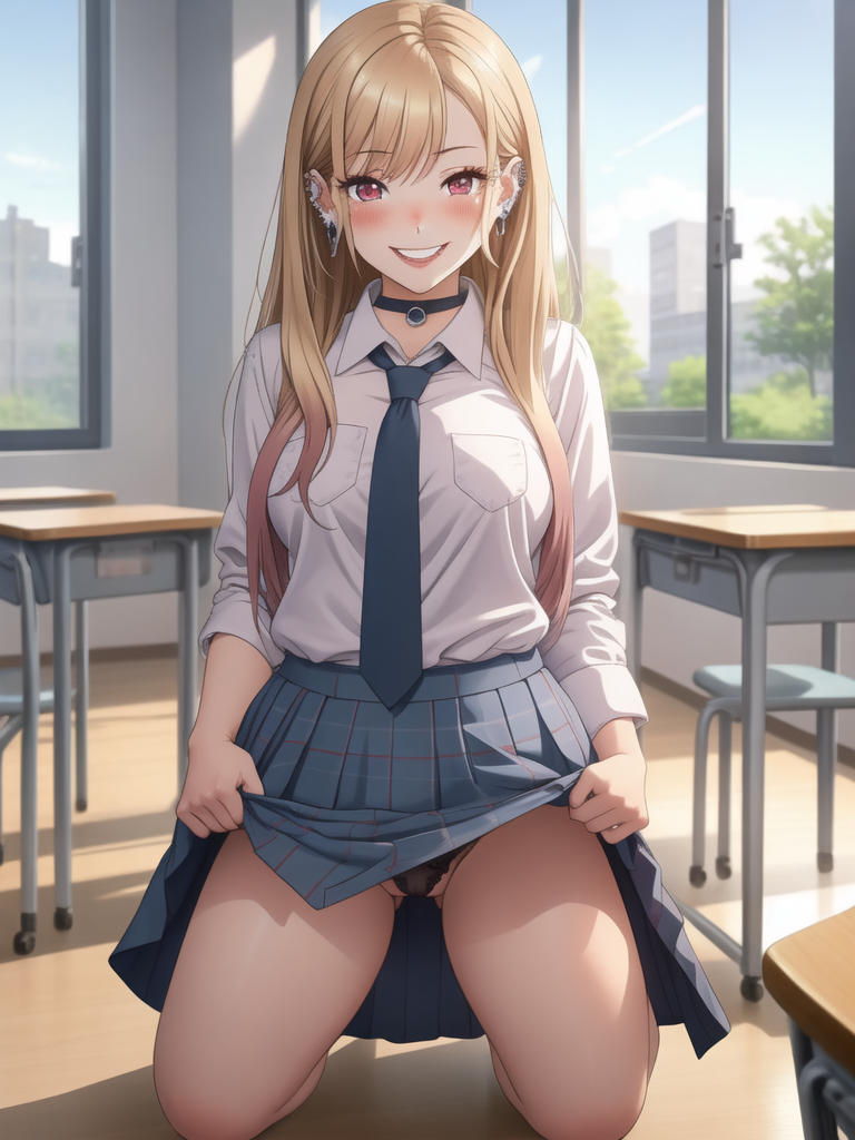 ai_generated classroom dressing_up kitagawa_marin kneeling lifting_skirt school_uniform sono_bisque_doll_wa_koi_wo_suru