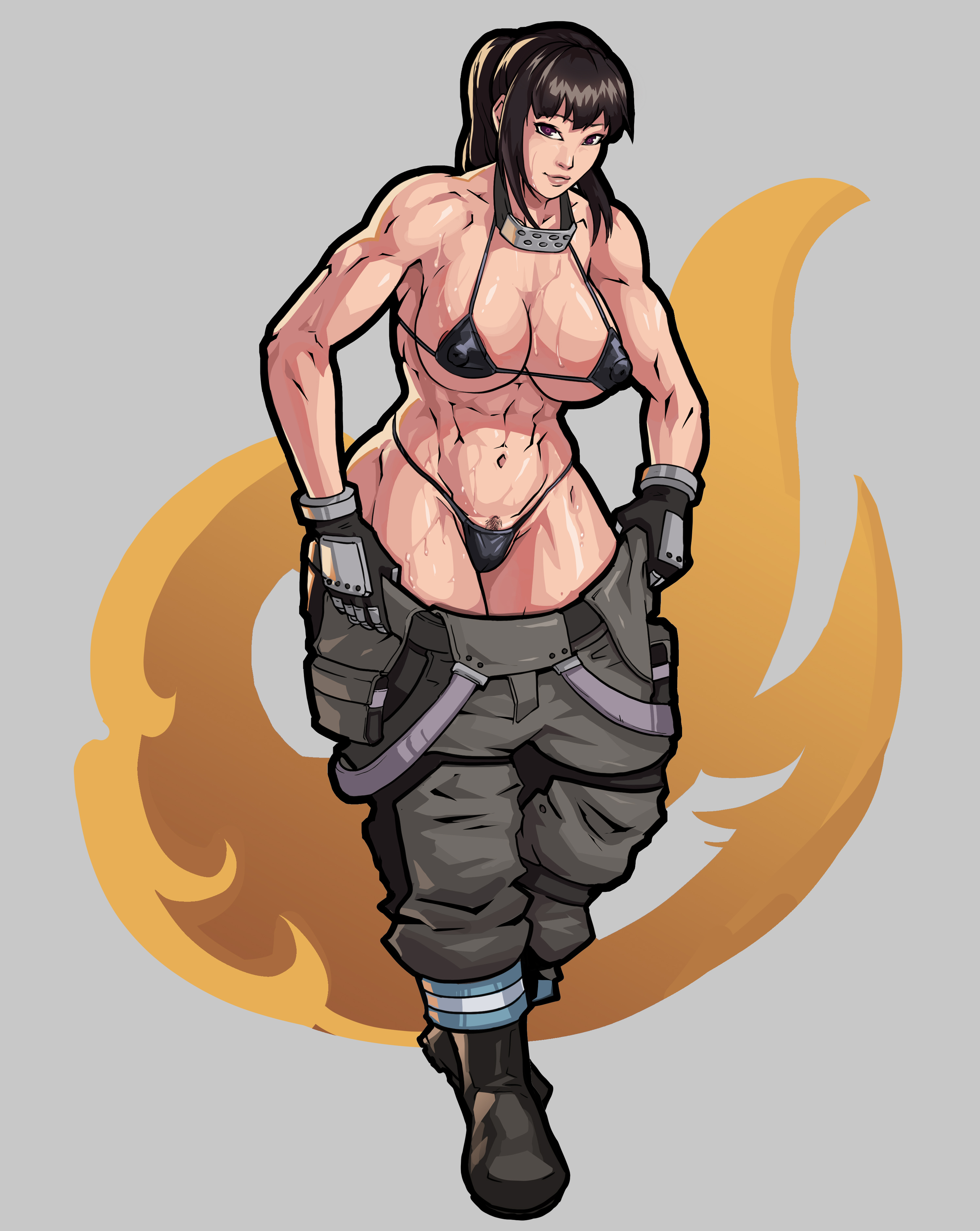 1girls, abs, absurd res, areolae, biceps, big breasts, breasts, brown eyes, brown hair, busty, enen no shouboutai, equinox006, erect nipples, female, fire force, firefighter, firefighter uniform, hi res, hourglass figure, large breasts, long hair, muscle tone, muscles, muscular, muscular female, navel, nipples, oze maki, pinup, pinup pose, ponytail, pubes, pubic hair, solo, standing, sweat, tagme, trimmed pubic hair, wide hips, work uniform