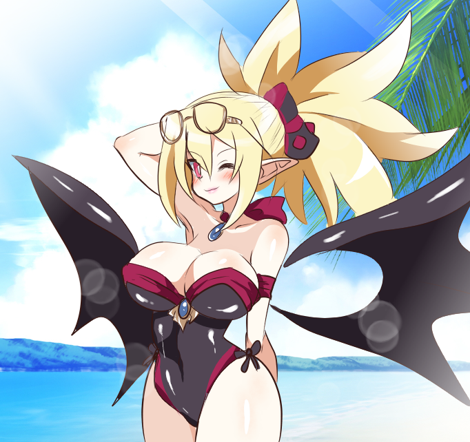 beach breasts cleavage demon_girl demon_wings disgaea disgaea_2 disgaea_rpg dismania large_breasts nippon_ichi_software one-piece_swimsuit rozalin sea seaside thick_thighs thighs