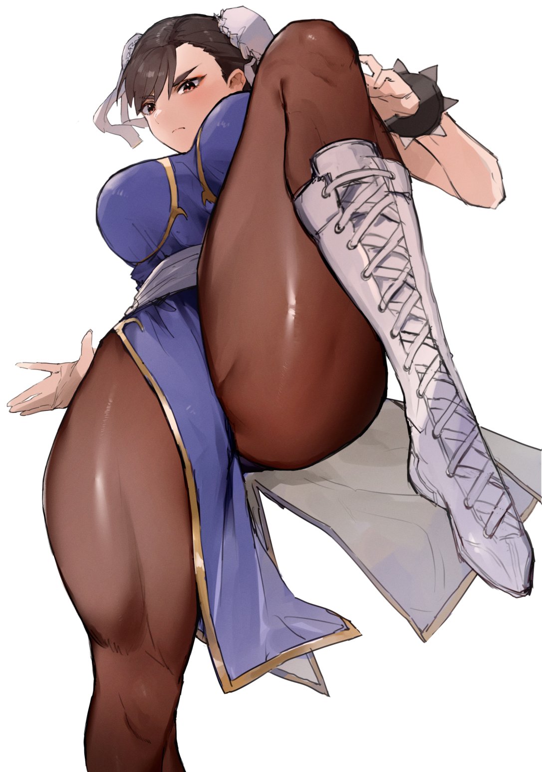 asian asian_clothing asian_female boots brown_hair brunette bun_cover capcom chinese_clothes chinese_female chun-li clothed fully_clothed kataku_musou leg_up martial_arts martial_arts_uniform pantyhose street_fighter thick thick_thighs thighs traditional_clothes